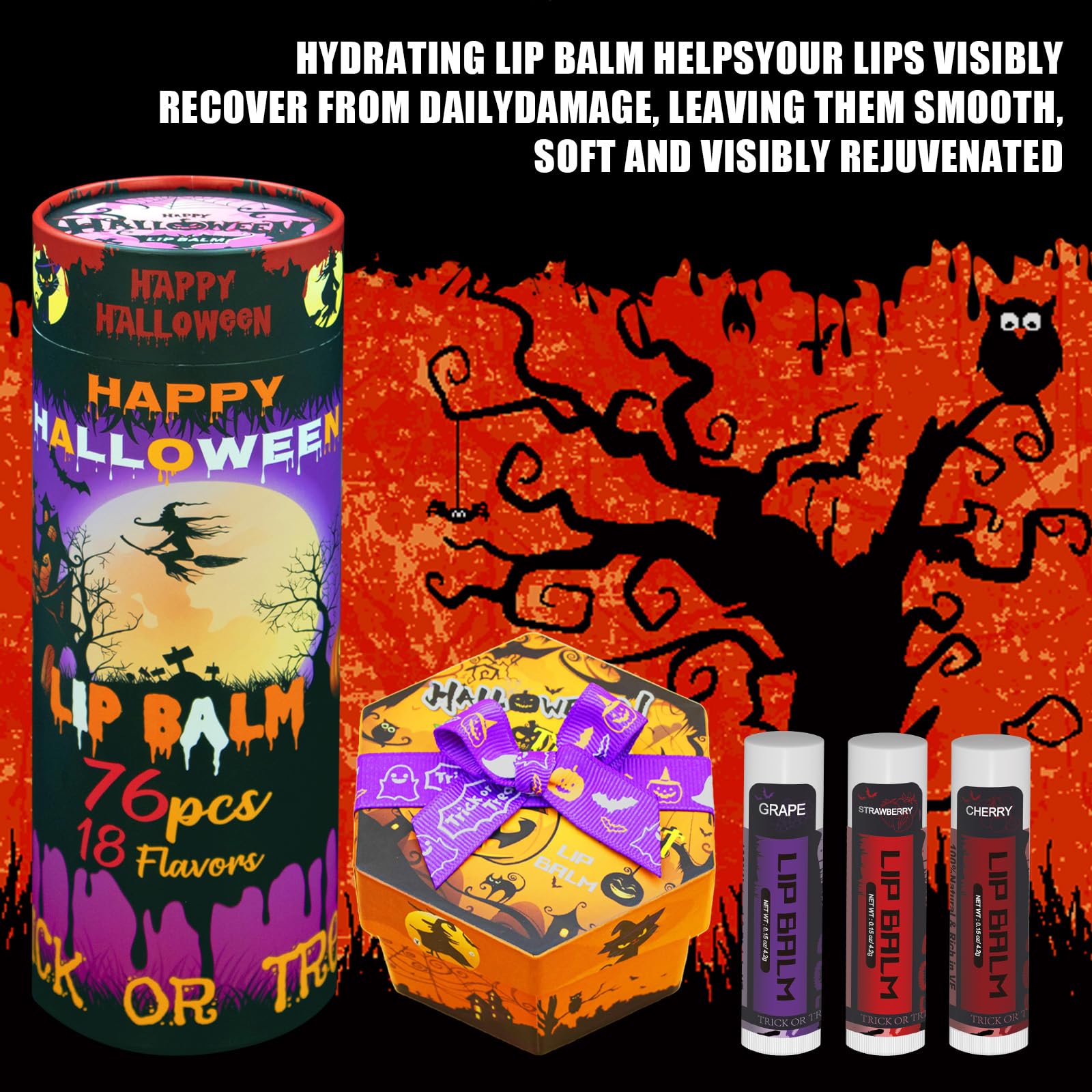 Yopela 76-Pack Halloween Lip Balm Bulk – Vitamin E, Coconut Oil, 18 Flavors, Non-GMO