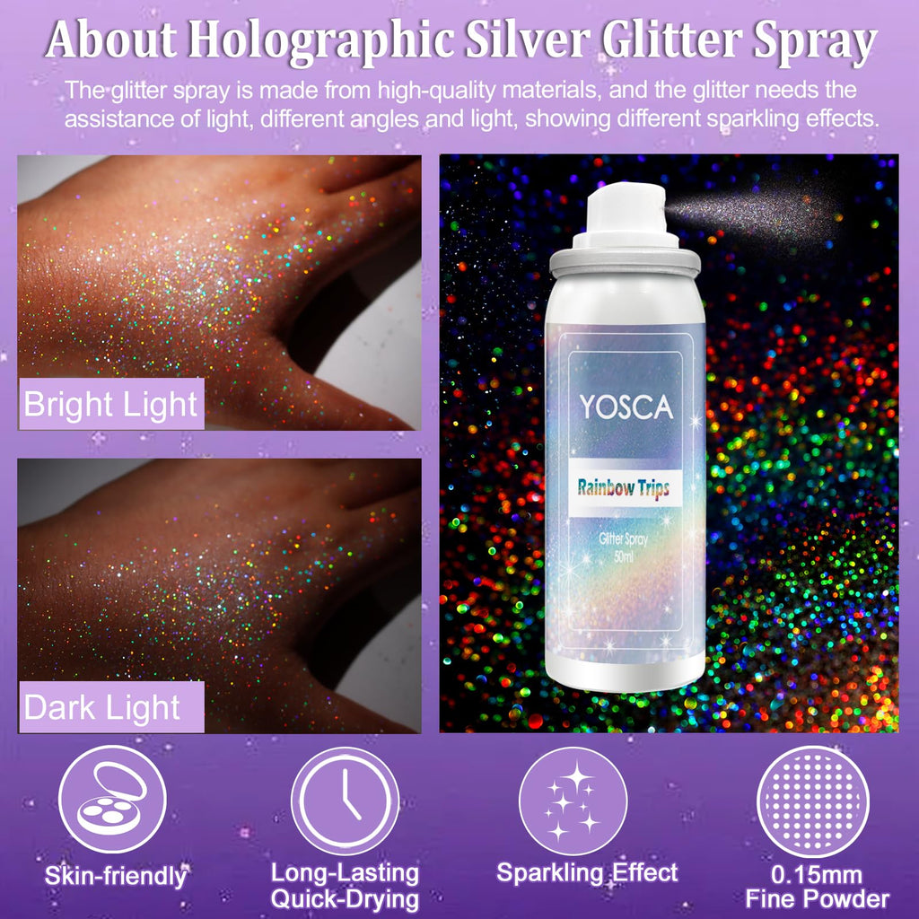 Yosca Body Glitter Spray 3-Pack – Silver Holographic Shine for Skin, Hair & Clothes