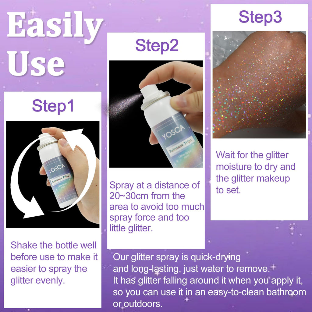 Yosca Body Glitter Spray 3-Pack – Silver Holographic Shine for Skin, Hair & Clothes