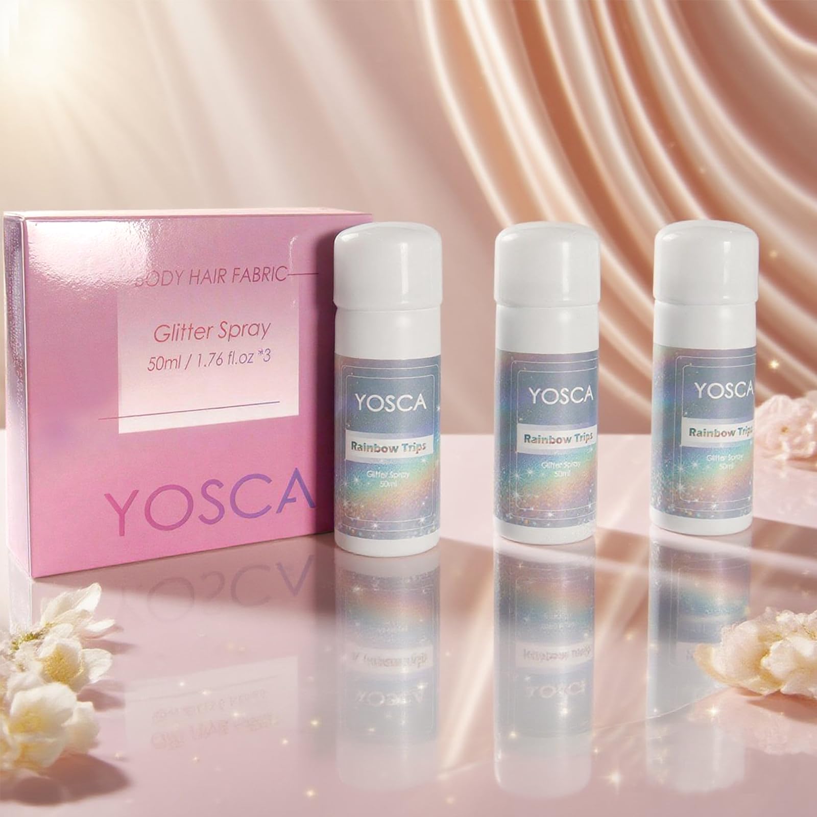 Yosca Body Glitter Spray 3-Pack – Silver Holographic Shine for Skin, Hair & Clothes