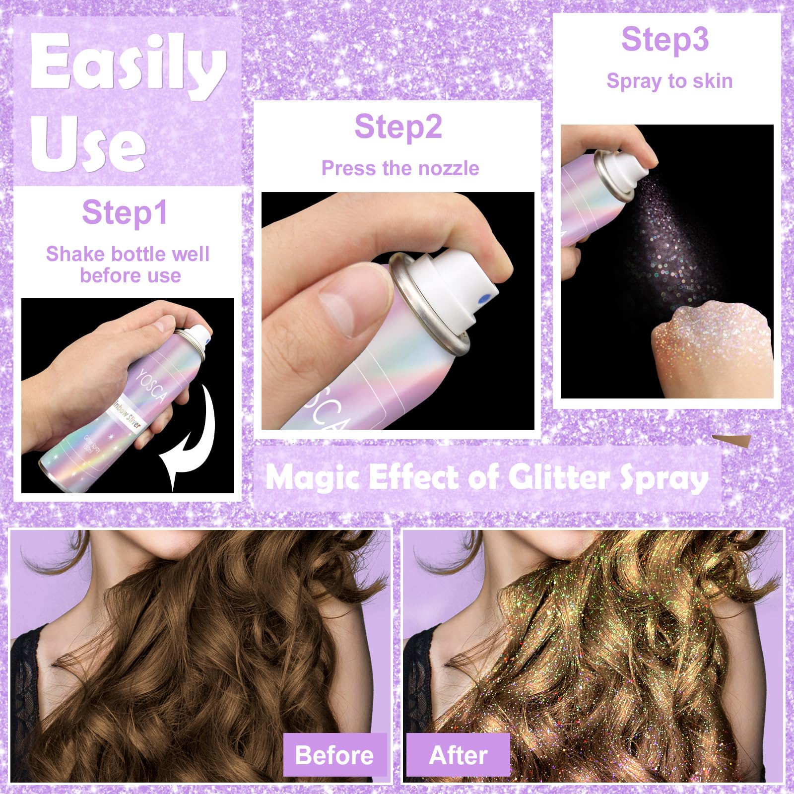YOSCA Body Glitter Spray 150ML – Holographic Sparkle for Hair, Skin & Clothes