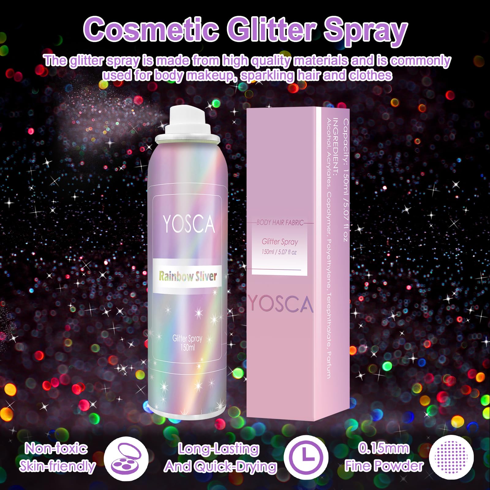 YOSCA Body Glitter Spray 150ML – Holographic Sparkle for Hair, Skin & Clothes