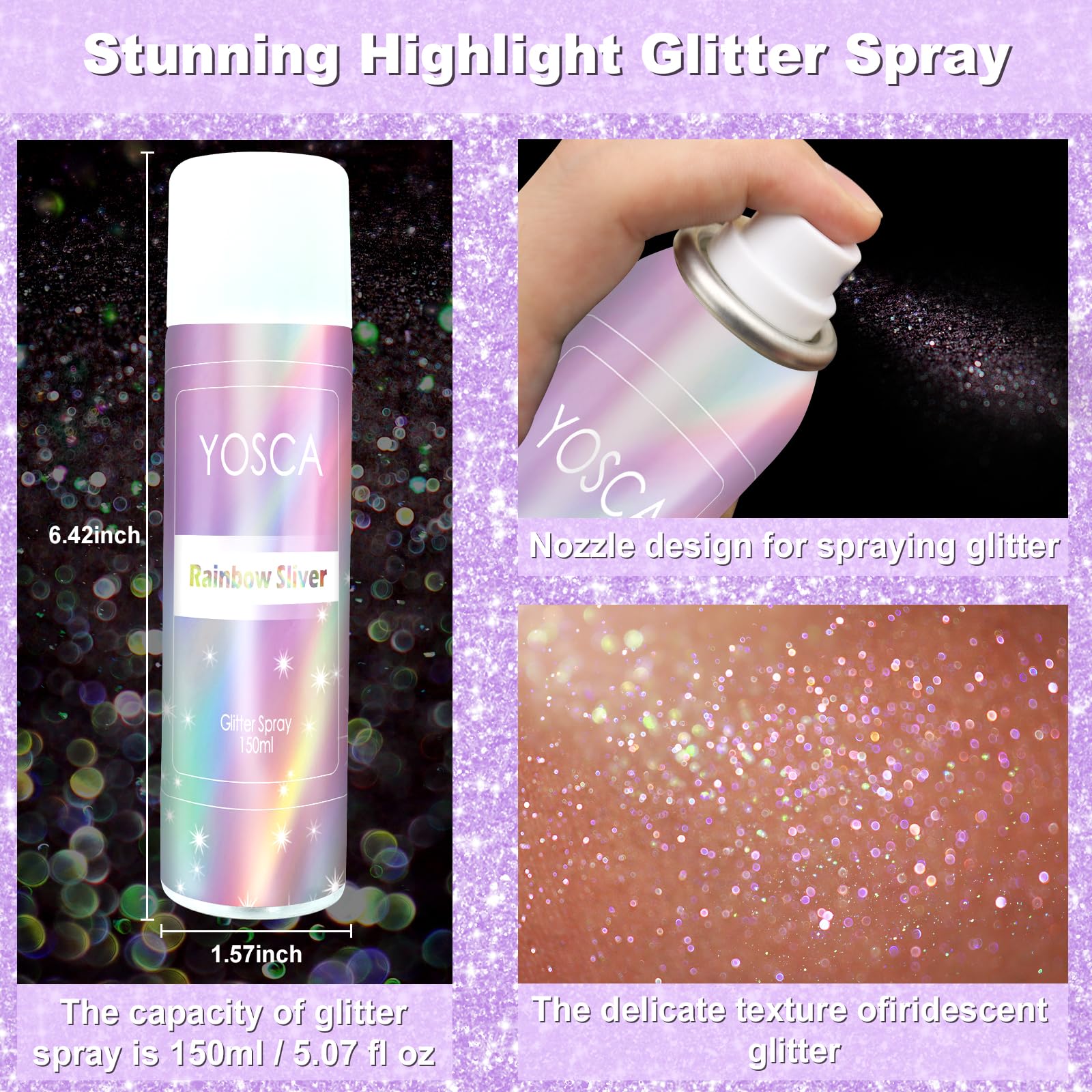 YOSCA Body Glitter Spray 150ML – Holographic Sparkle for Hair, Skin & Clothes