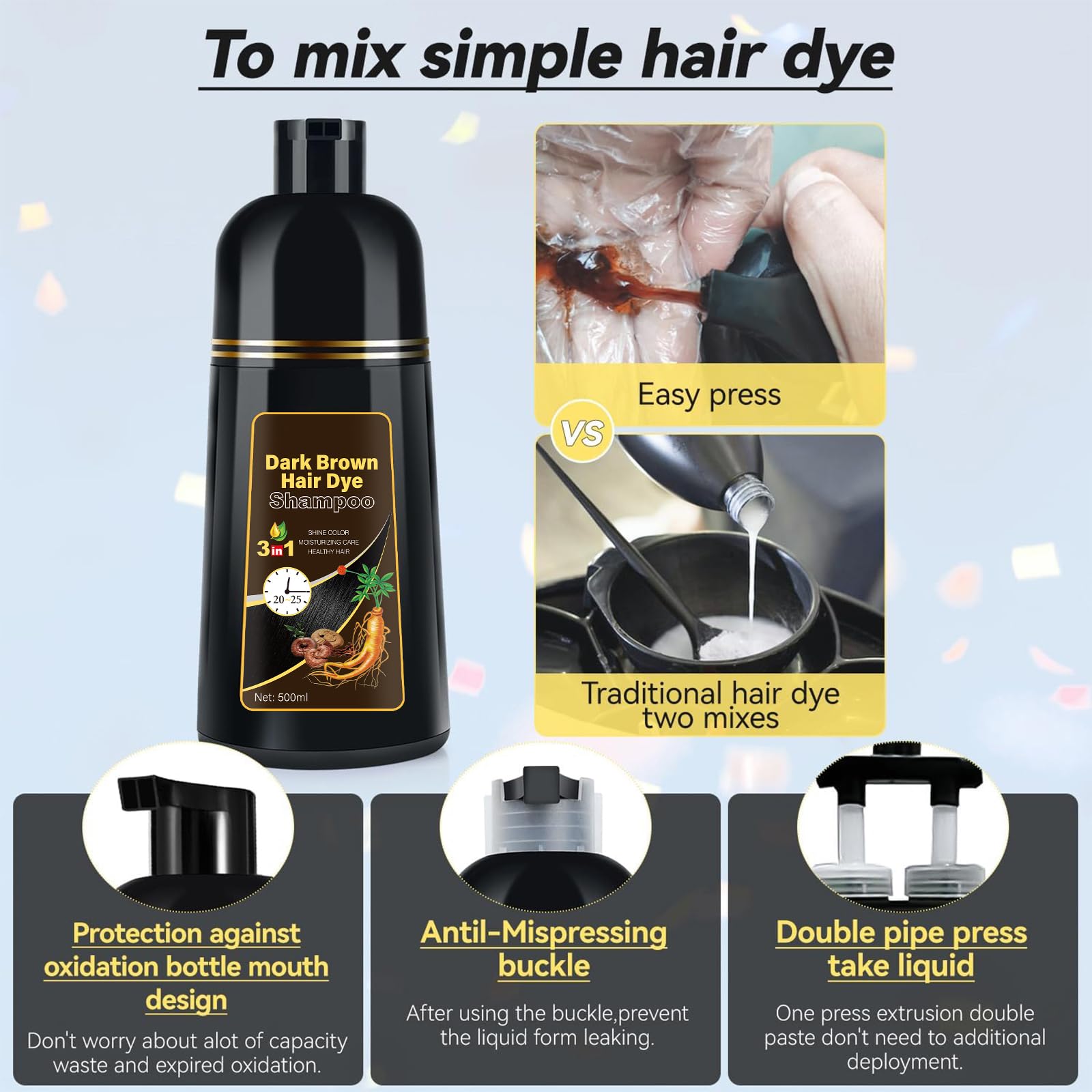 YOURTONE Dark Brown Hair Dye Shampoo 3-in-1 | Ammonia-Free Gray Coverage 16.9 fl oz