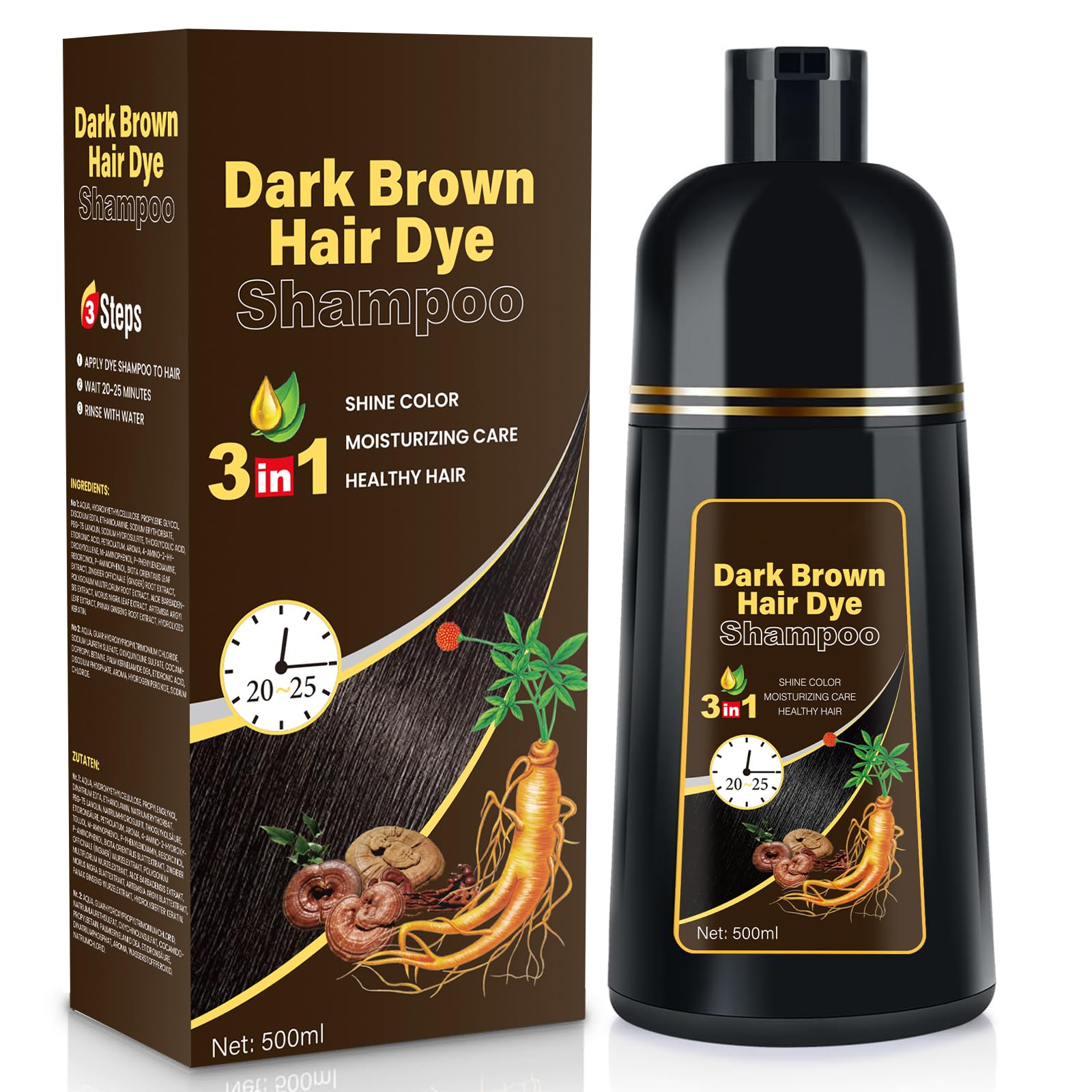 YOURTONE Dark Brown Hair Dye Shampoo 3-in-1 | Ammonia-Free Gray Coverage 16.9 fl oz