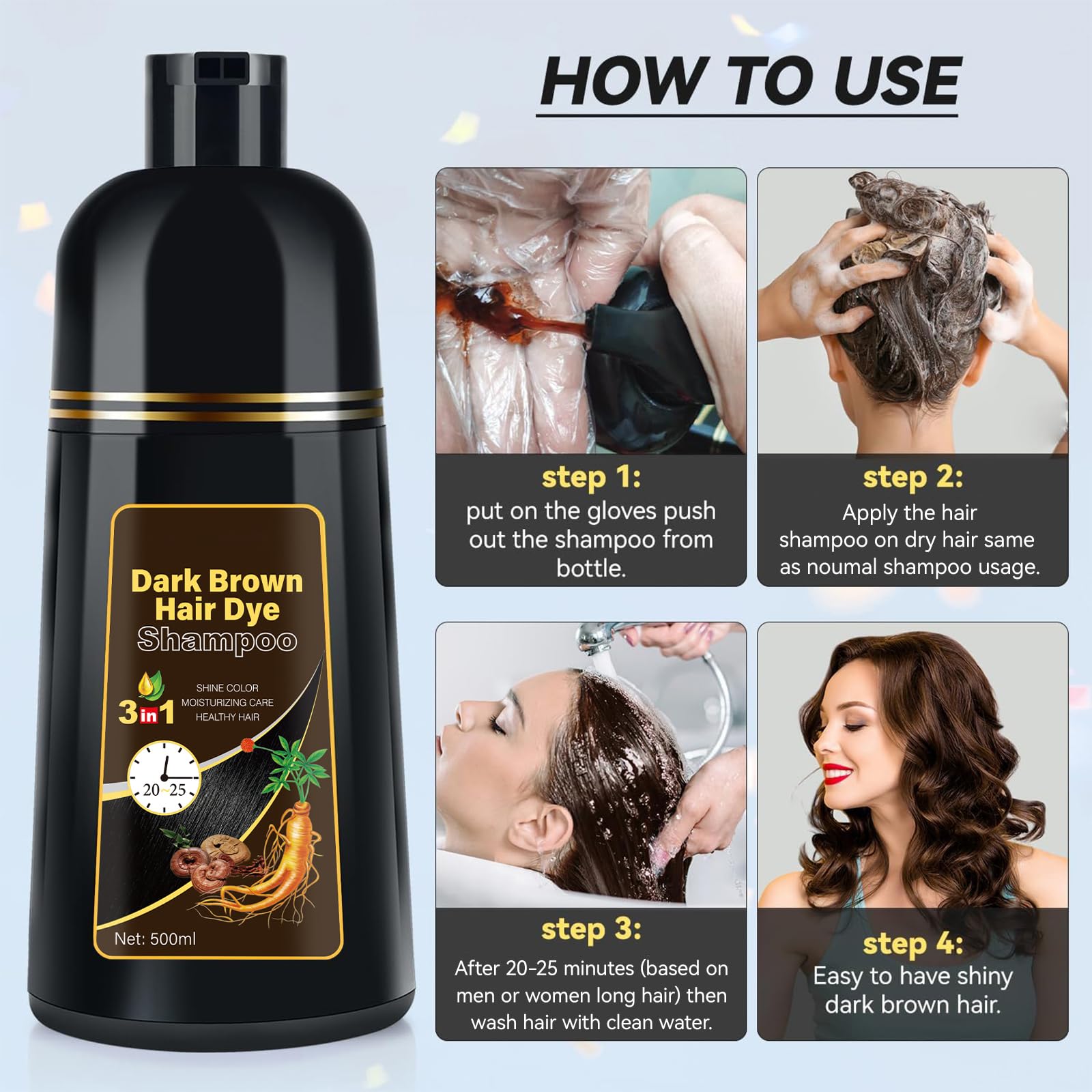 YOURTONE Dark Brown Hair Dye Shampoo 3-in-1 | Ammonia-Free Gray Coverage 16.9 fl oz