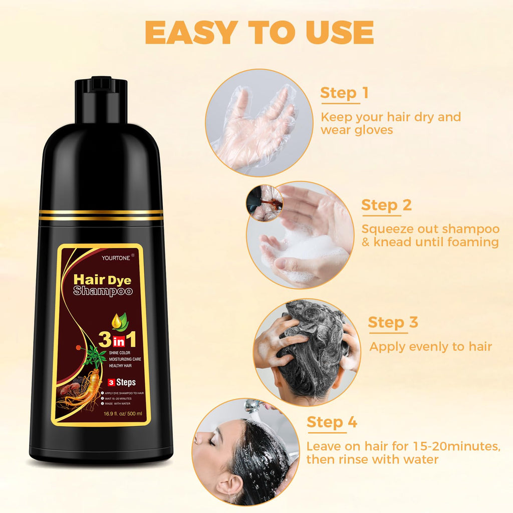 YOURTONE Chestnut Brown 3-in-1 Hair Dye Shampoo for Gray Coverage | Herbal Color 16.9 oz