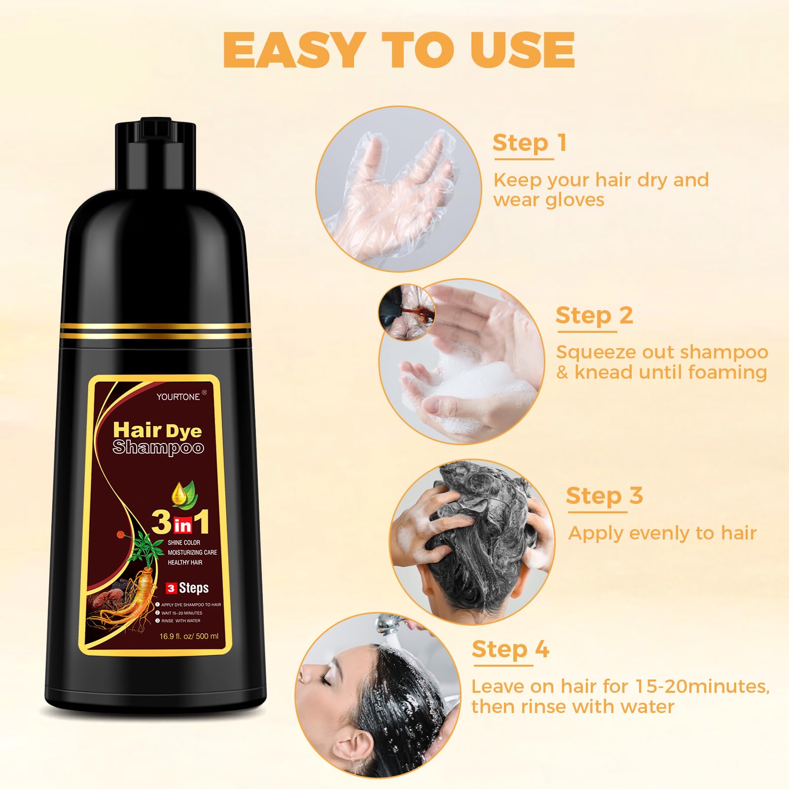 YOURTONE Chestnut Brown 3-in-1 Hair Dye Shampoo for Gray Coverage | Herbal Color 16.9 oz