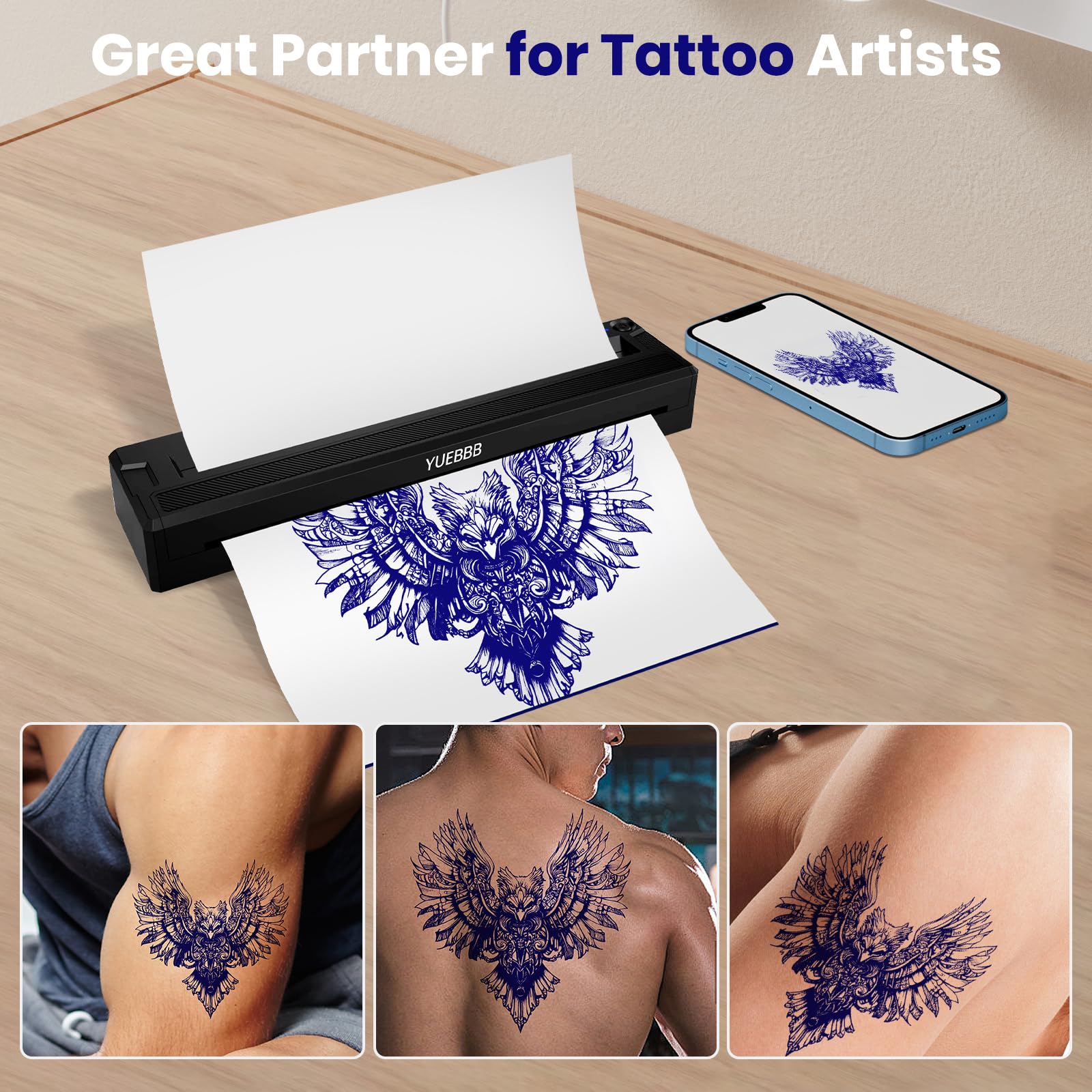 YUEBBB Tattoo Stencil Printer — Portable, Wireless, Inkless Thermal Transfer