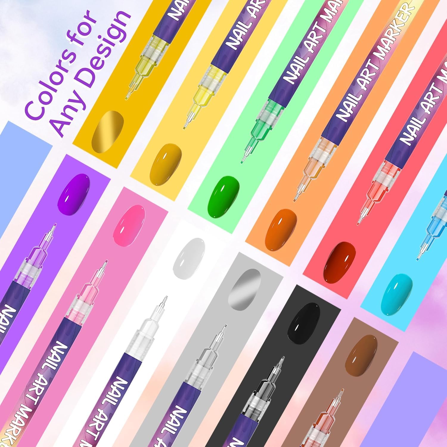 YUEUR 12 Colors Nail Art Pens Set – Fine Tip 0.5mm, 3-in-1 Tools, DIY Home Salon