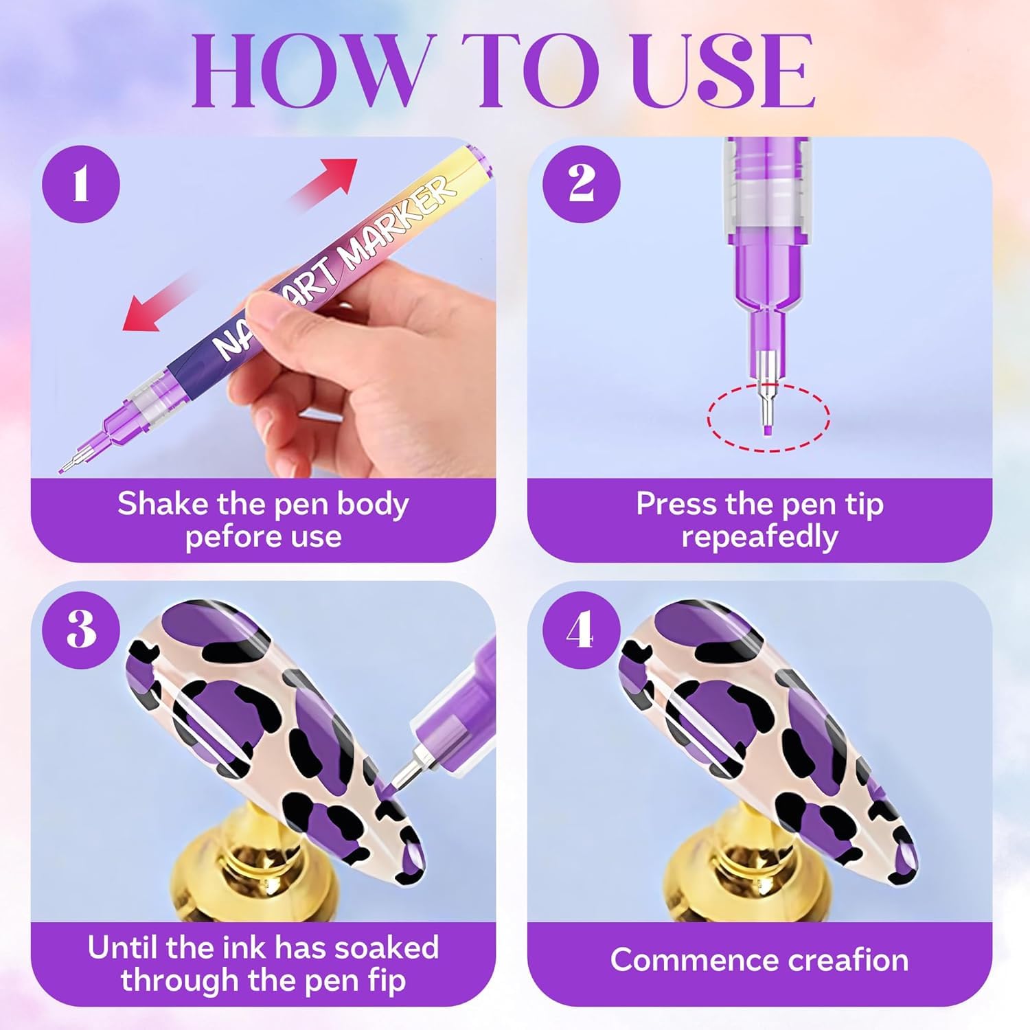 YUEUR 12 Colors Nail Art Pens Set – Fine Tip 0.5mm, 3-in-1 Tools, DIY Home Salon
