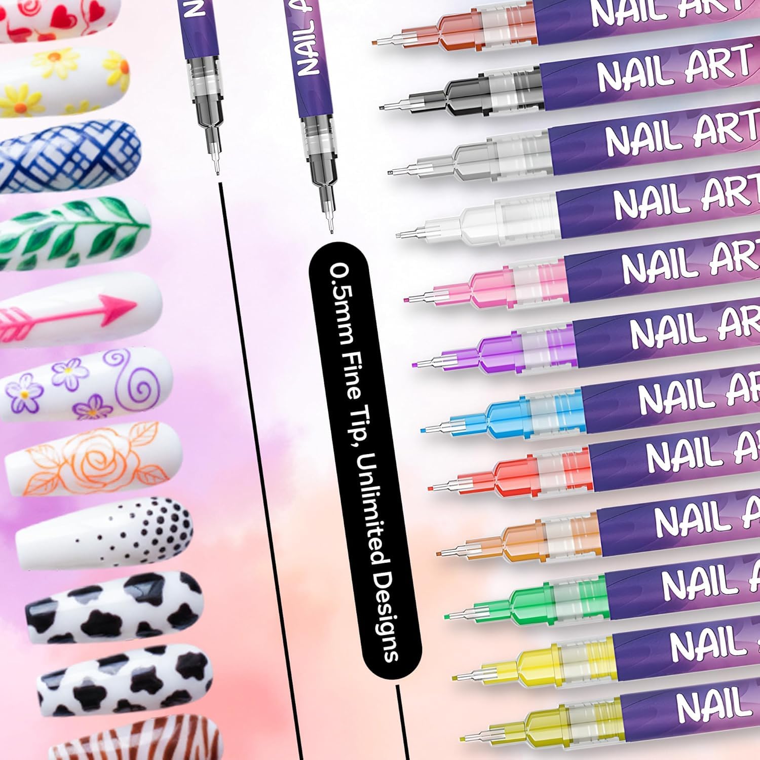 YUEUR 12 Colors Nail Art Pens Set – Fine Tip 0.5mm, 3-in-1 Tools, DIY Home Salon