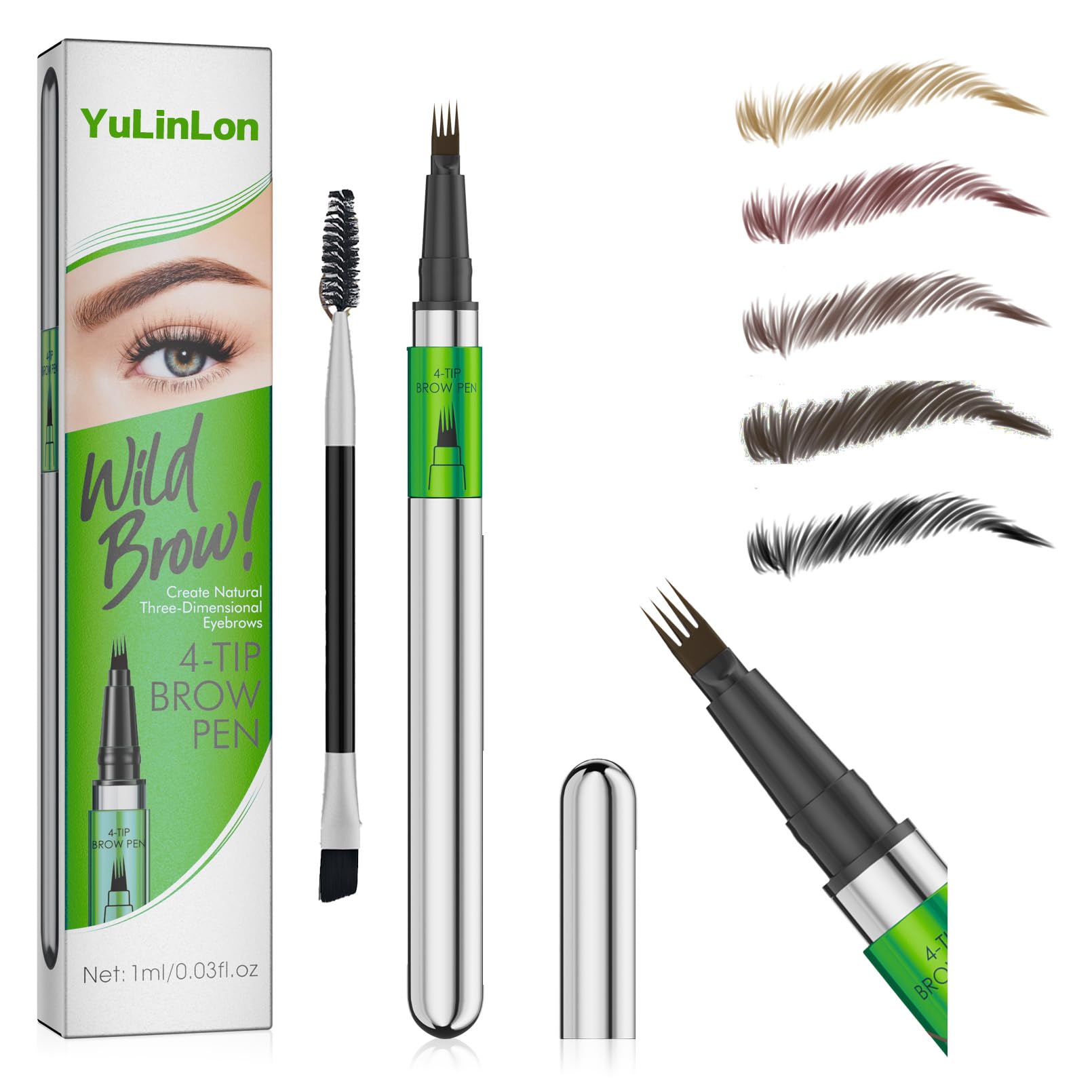 Yulinlon 4-Tip Eyebrow Pen — Waterproof Micro-Fork Tip Brow Pen, Natural 3D Look, 1ml (Dark Brown 03)