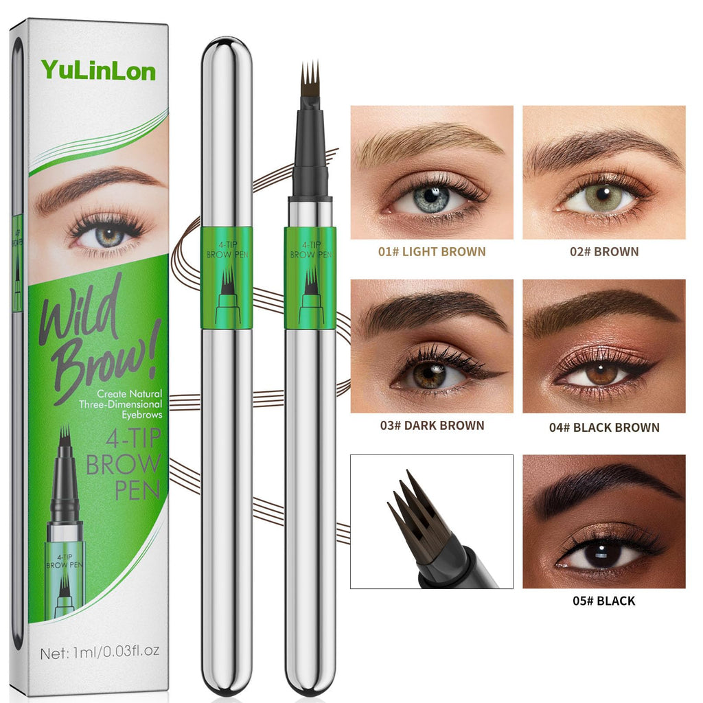 Yulinlon 4-Tip Eyebrow Pen — Waterproof Micro-Fork Tip Brow Pen, Natural 3D Look, 1ml (Dark Brown 03)