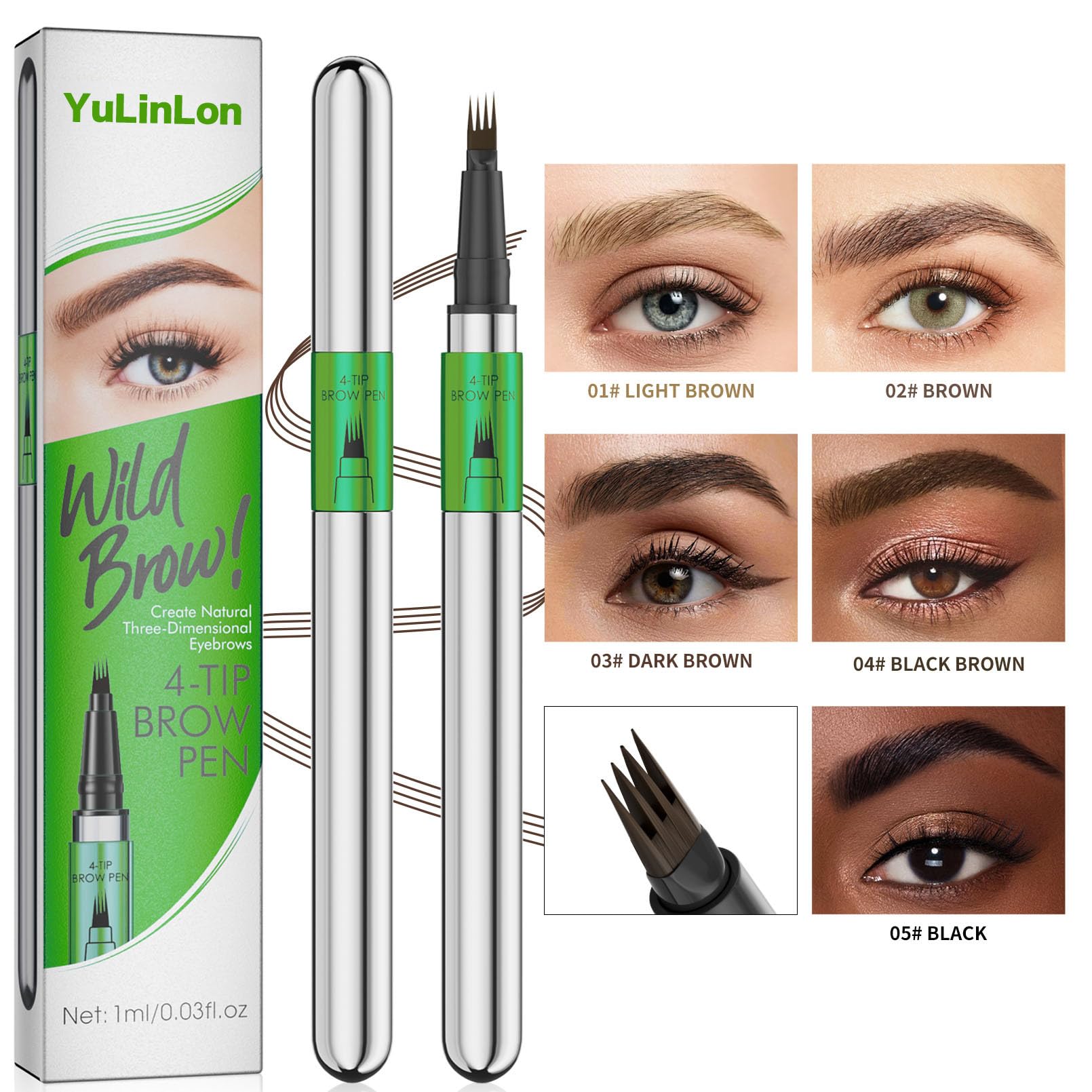 Yulinlon 4-Tip Eyebrow Pen — Waterproof Micro-Fork Tip Brow Pen, Natural 3D Look, 1ml (Dark Brown 03)