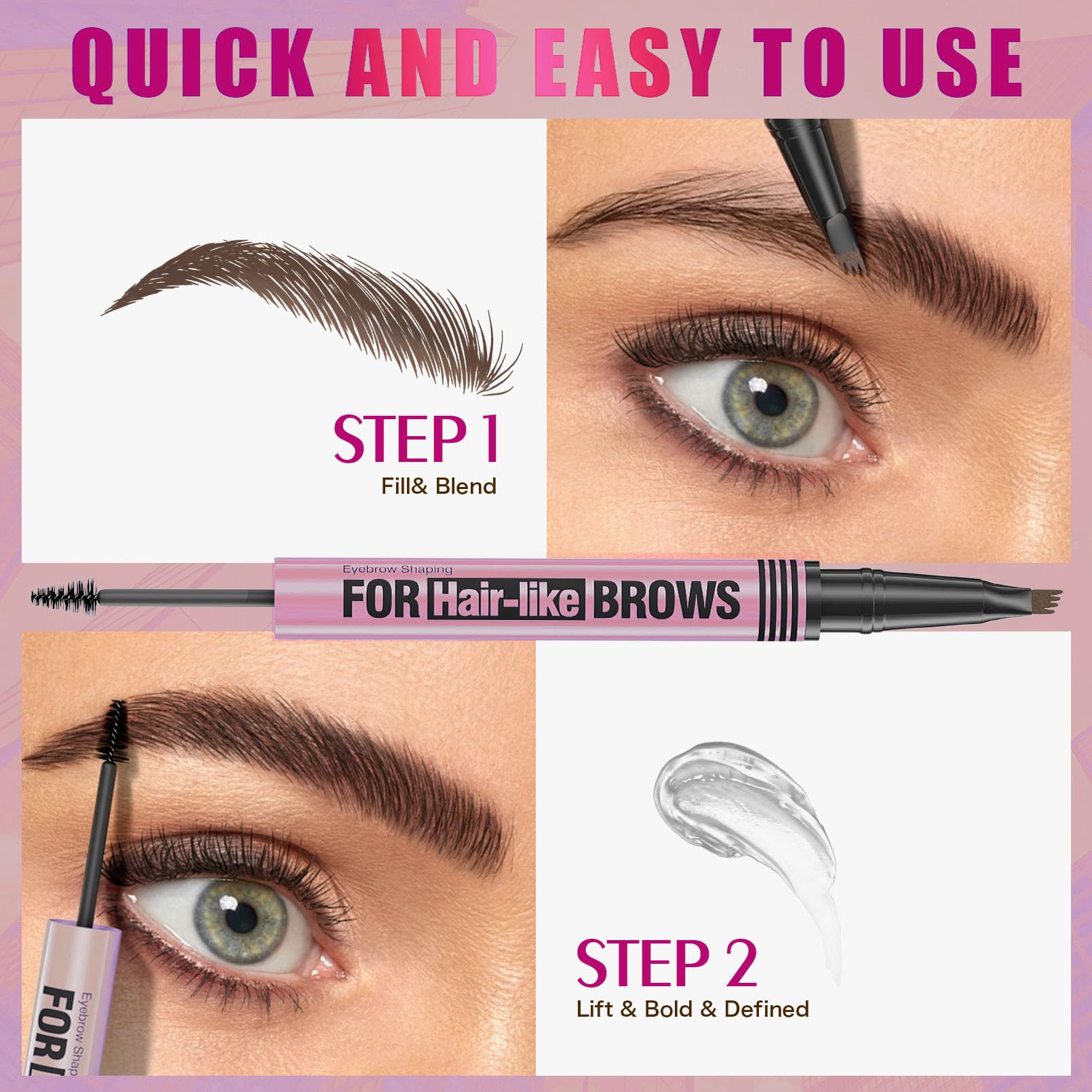 Yulinlon 2-in-1 Eyebrow Pen & Gel | 4-Tip Ultra-Precise, 5 Natural Shades, Waterproof