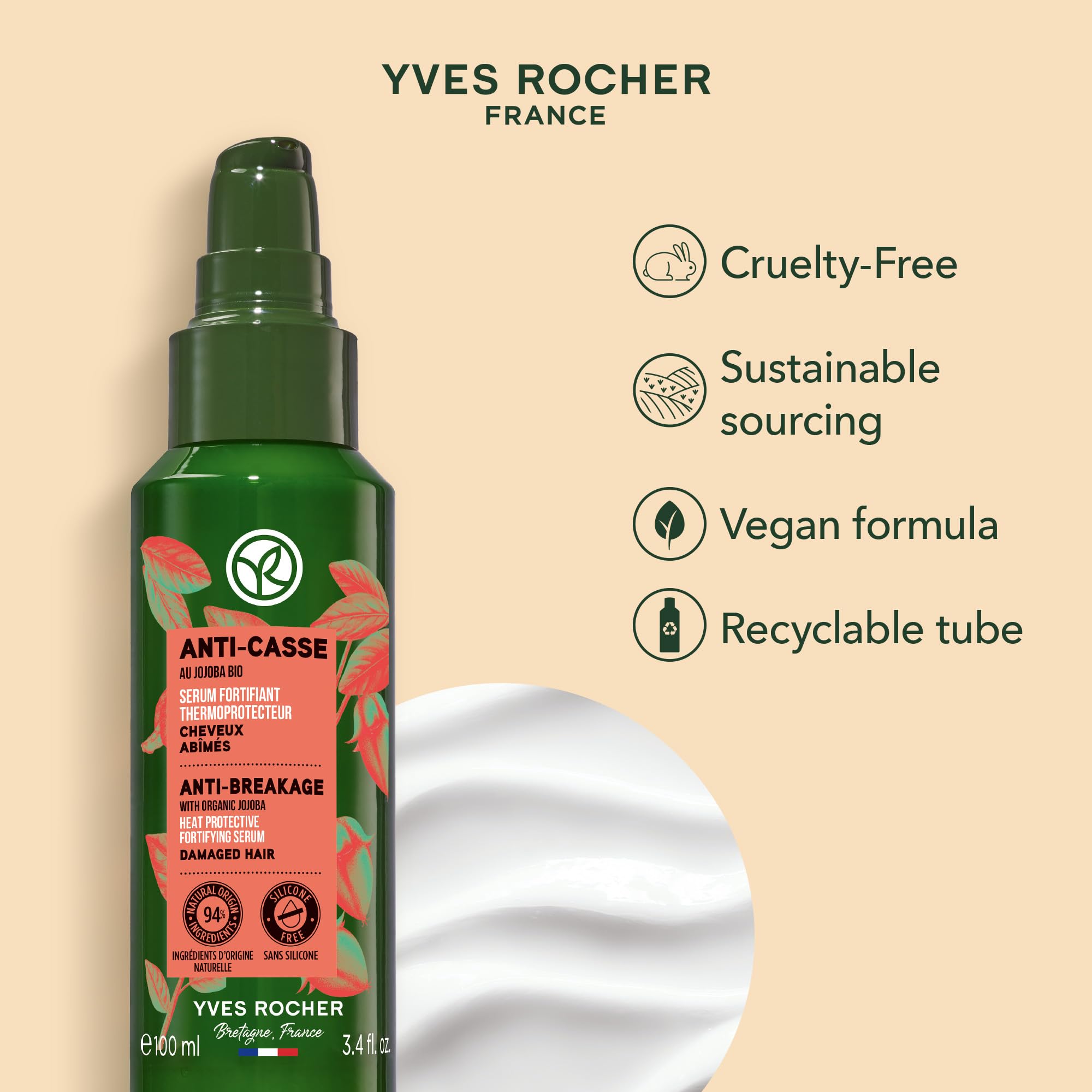 Yves Rocher Anti Breakage Serum with Organic Jojoba — Heat Protecting Fortifier, 100 ml