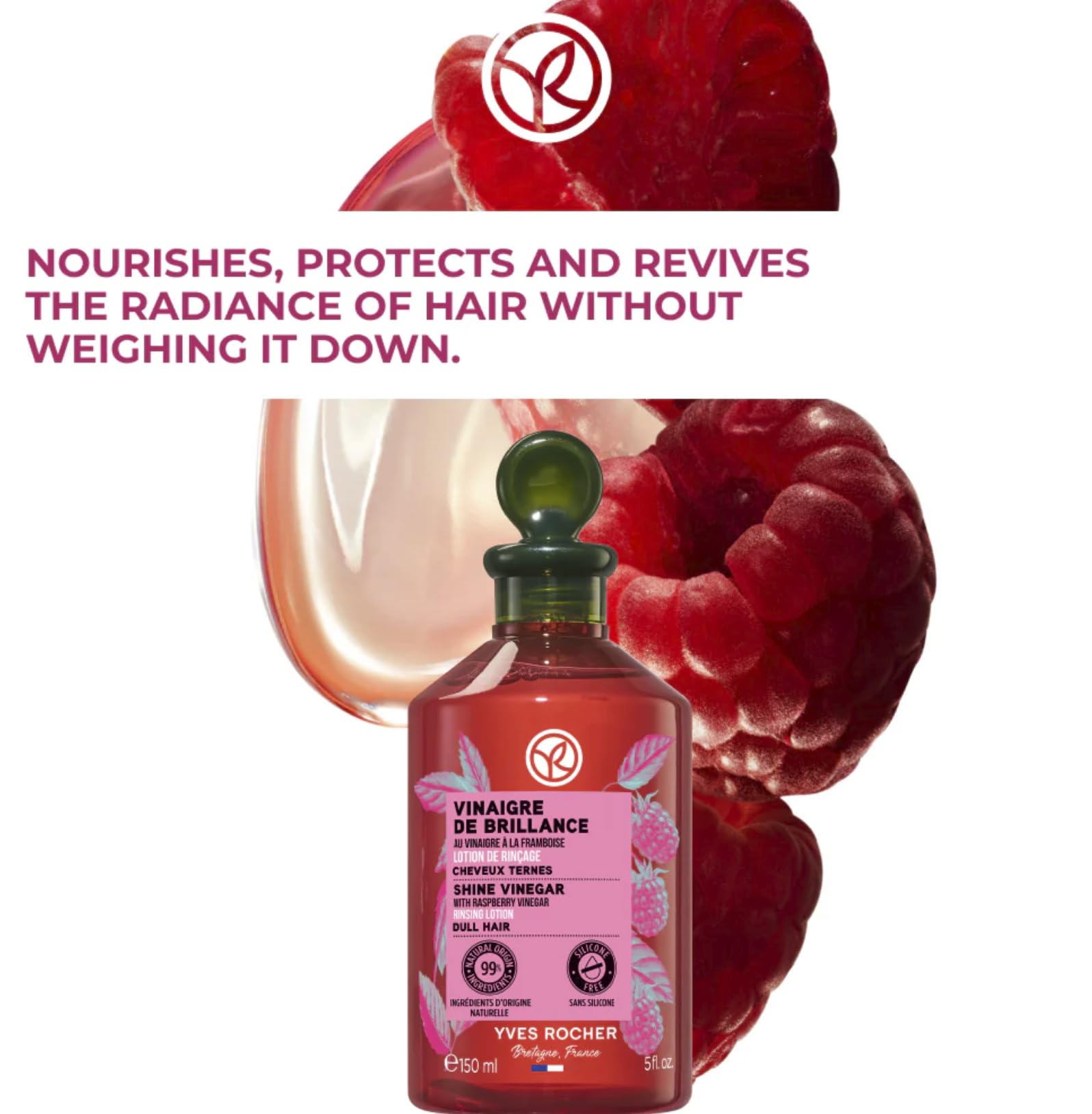 Yves Rocher Raspberry Shine Hair Vinegar – Final Rinse for Natural Shine 400 ml
