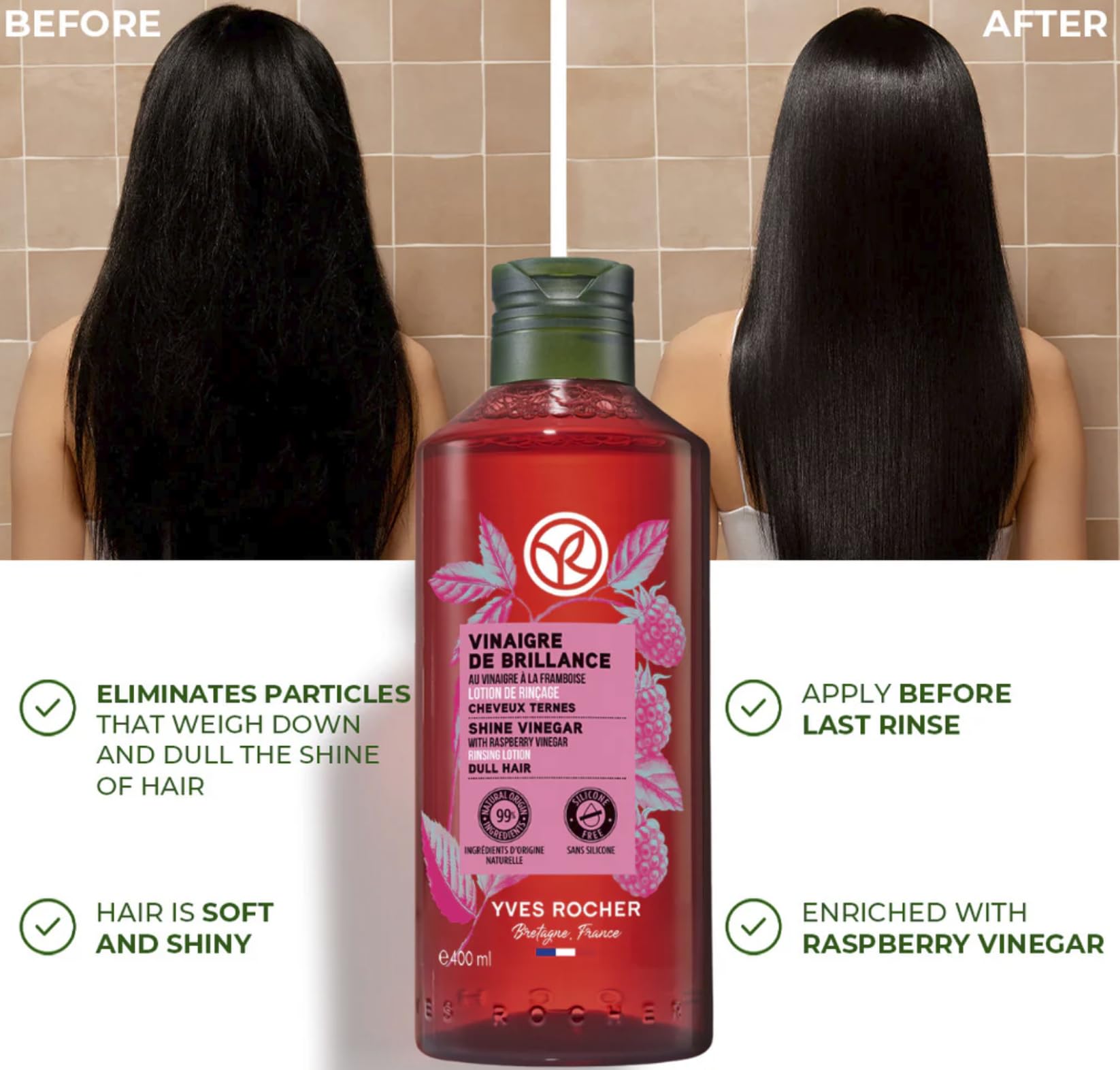 Yves Rocher Raspberry Shine Hair Vinegar – Final Rinse for Natural Shine 400 ml