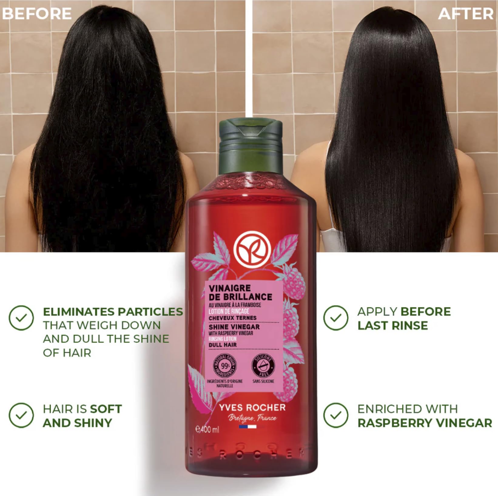Yves Rocher Raspberry Shine Hair Vinegar & Shampoo Set – Shine, Softness & Color (400 ml + 300 ml)