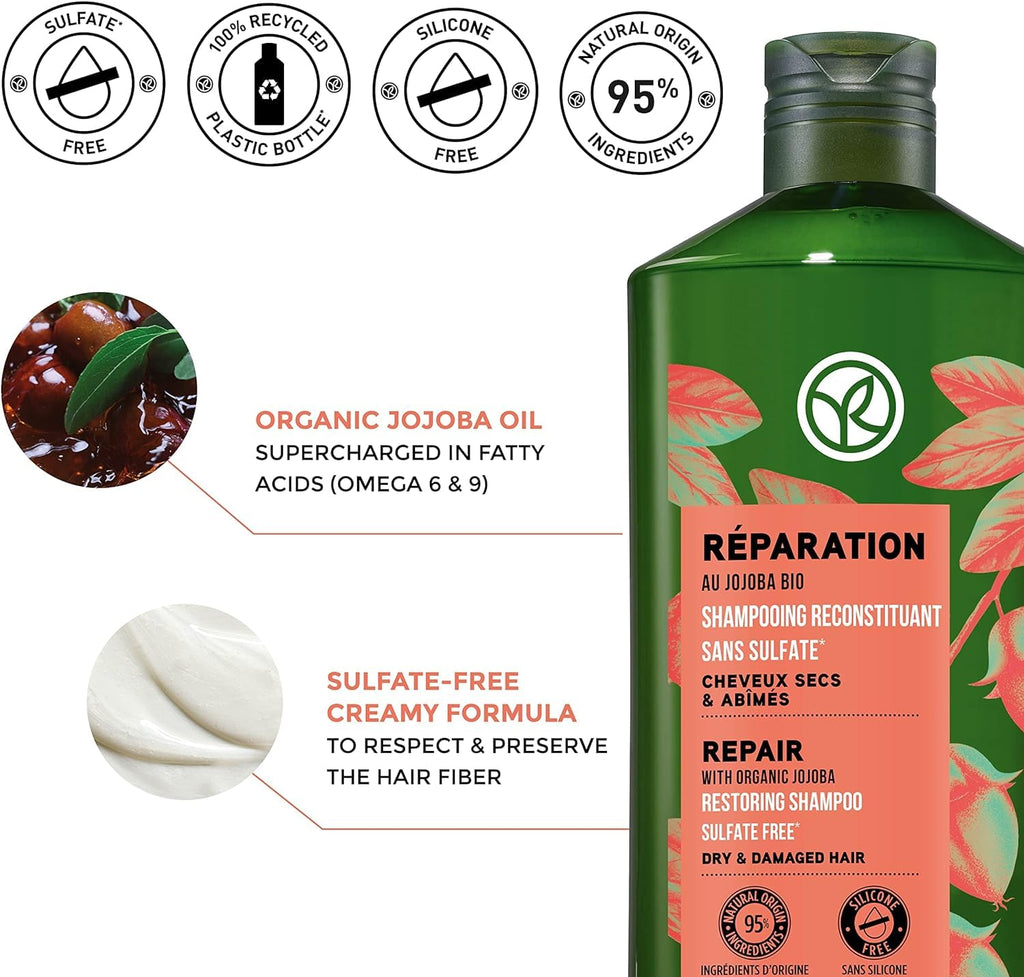 Yves Rocher Reparation Duet: Nourishing Jojoba Oil Shampoo + Balm-Conditioner for Dry, Damaged Hair