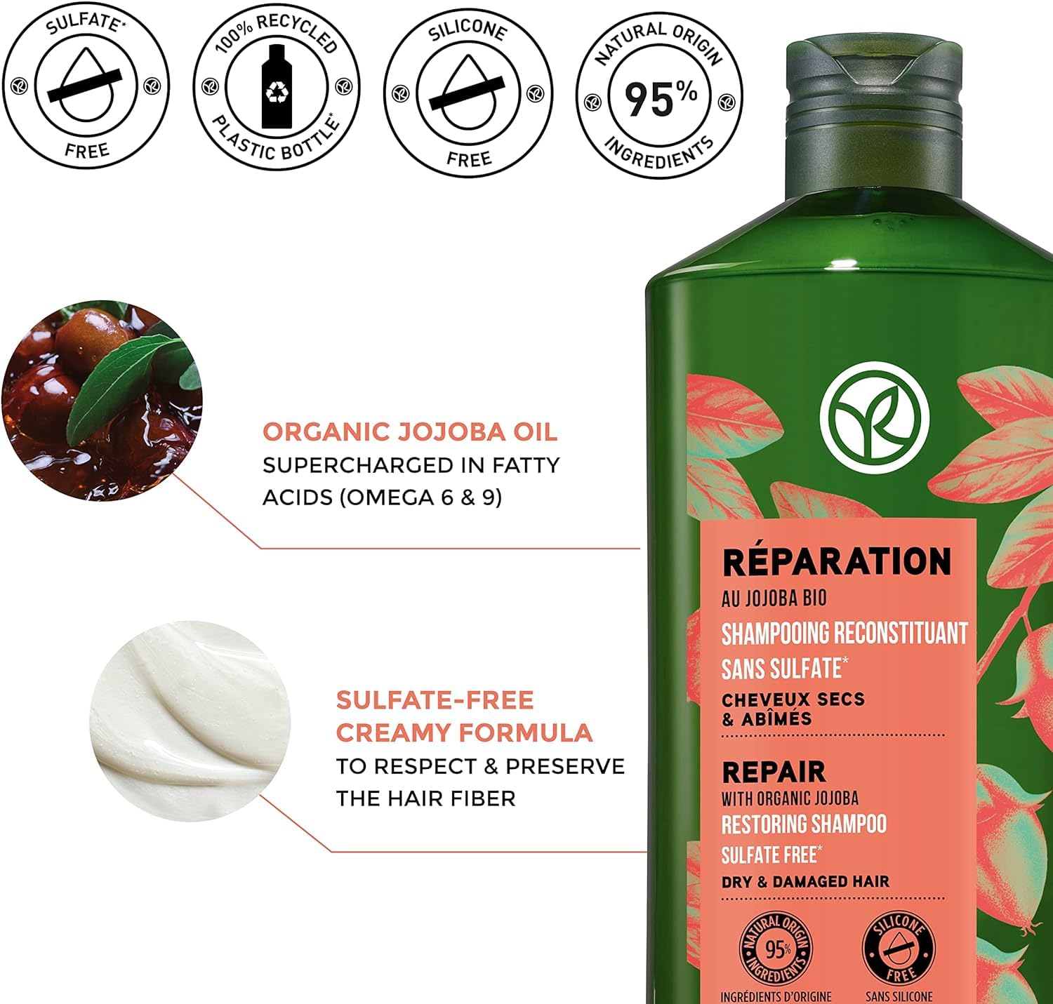 Yves Rocher Reparation Duet: Nourishing Jojoba Oil Shampoo + Balm-Conditioner for Dry, Damaged Hair