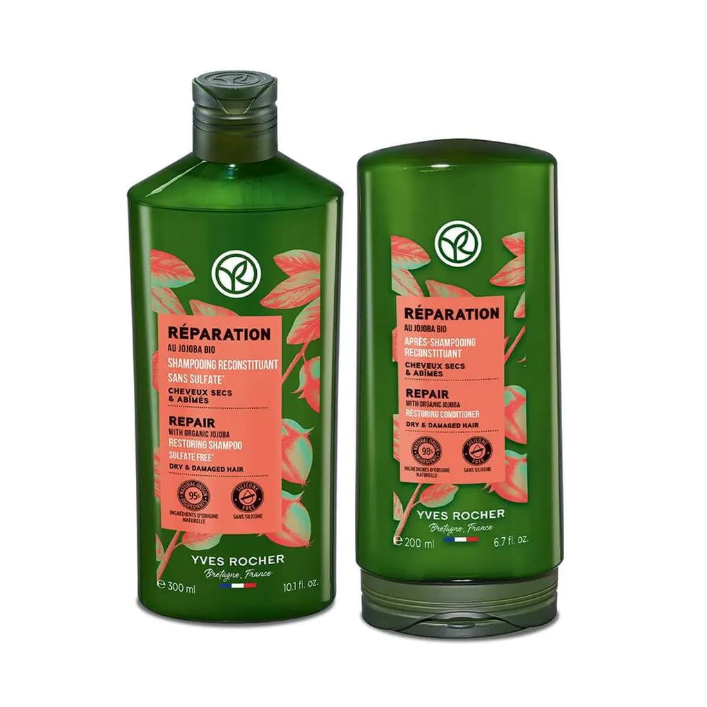 Yves Rocher Reparation Duet: Nourishing Jojoba Oil Shampoo + Balm-Conditioner for Dry, Damaged Hair