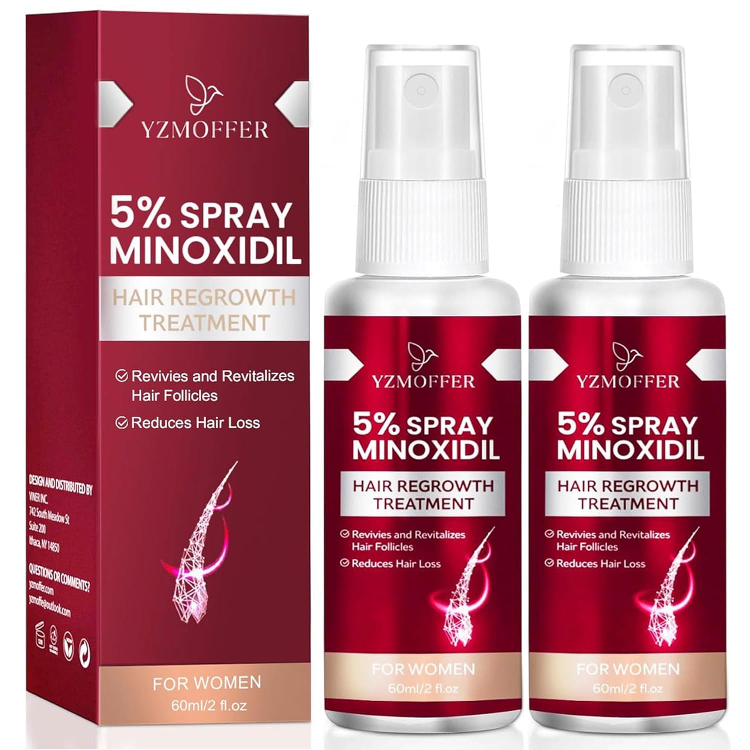 Yzmoffer 5% Minoxidil Spray for Women – Hair Regrowth 60ML x 2 Pack