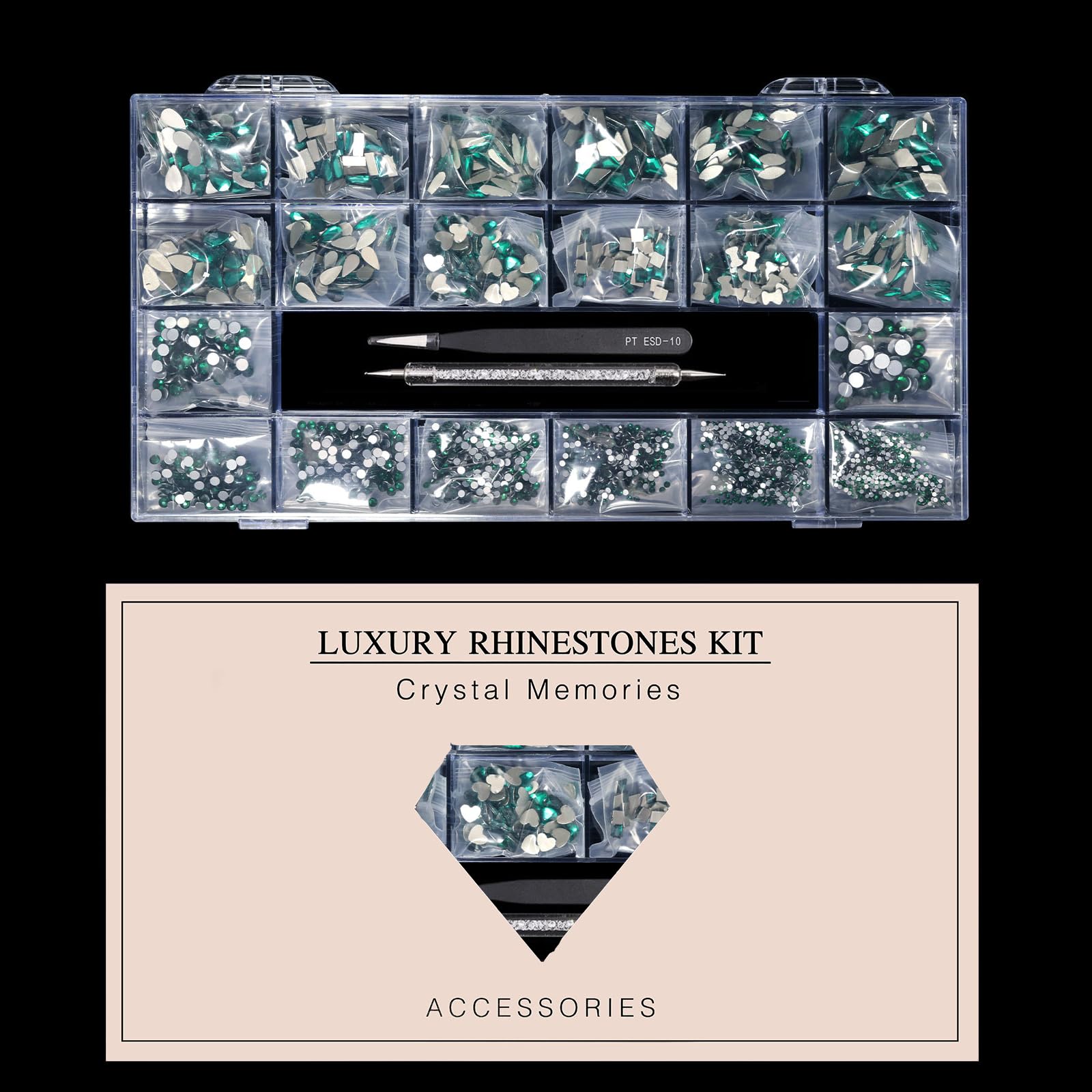 Yzzseven 12 Types Green 600 Diamonds + 2500 Flat Rhinestones – DIY Nail Art Crystal Kit with Tweezers & Drill Pen
