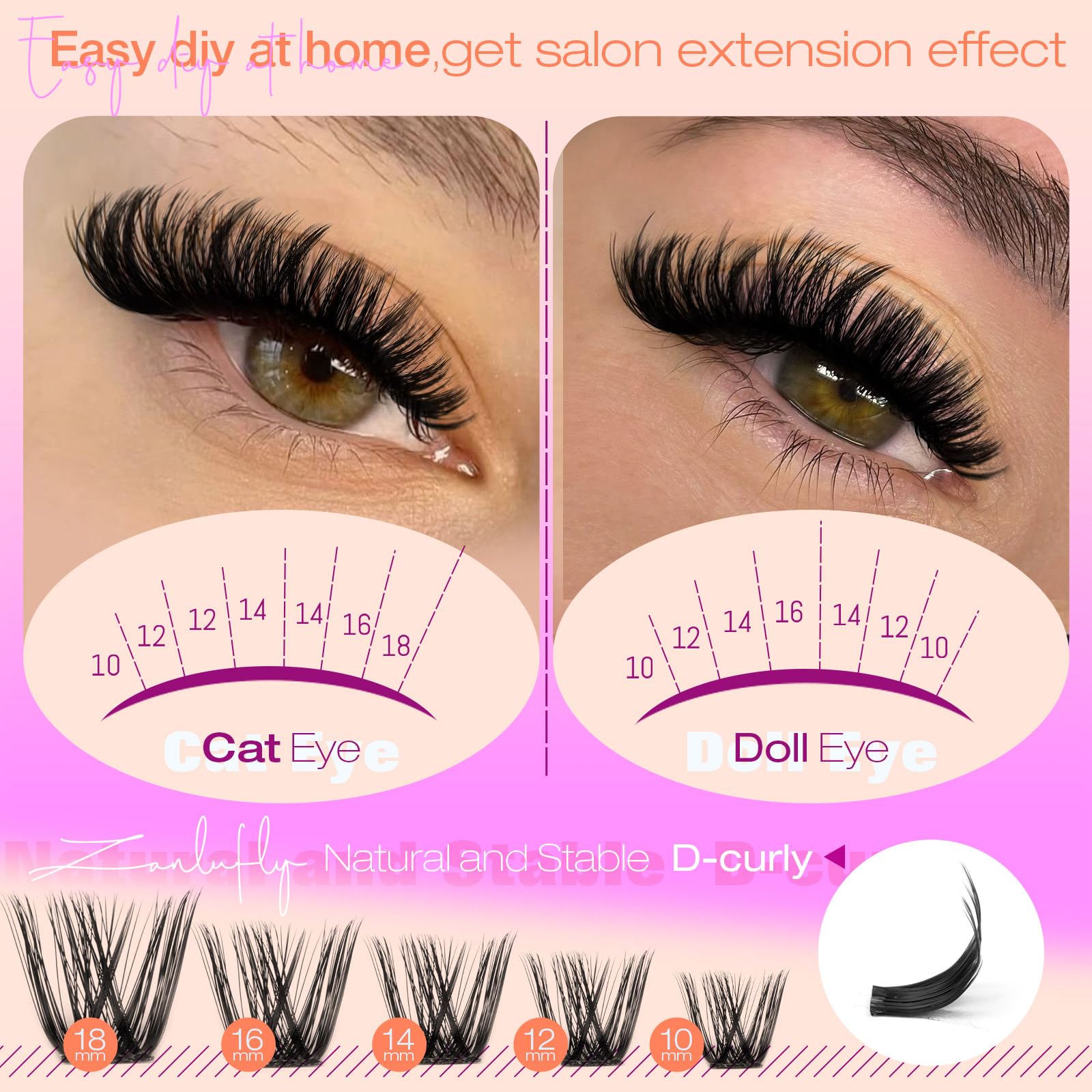Zanlufly Lash Clusters Wispy Eyelash Extensions 200PCS DIY D-Curl 10-18mm