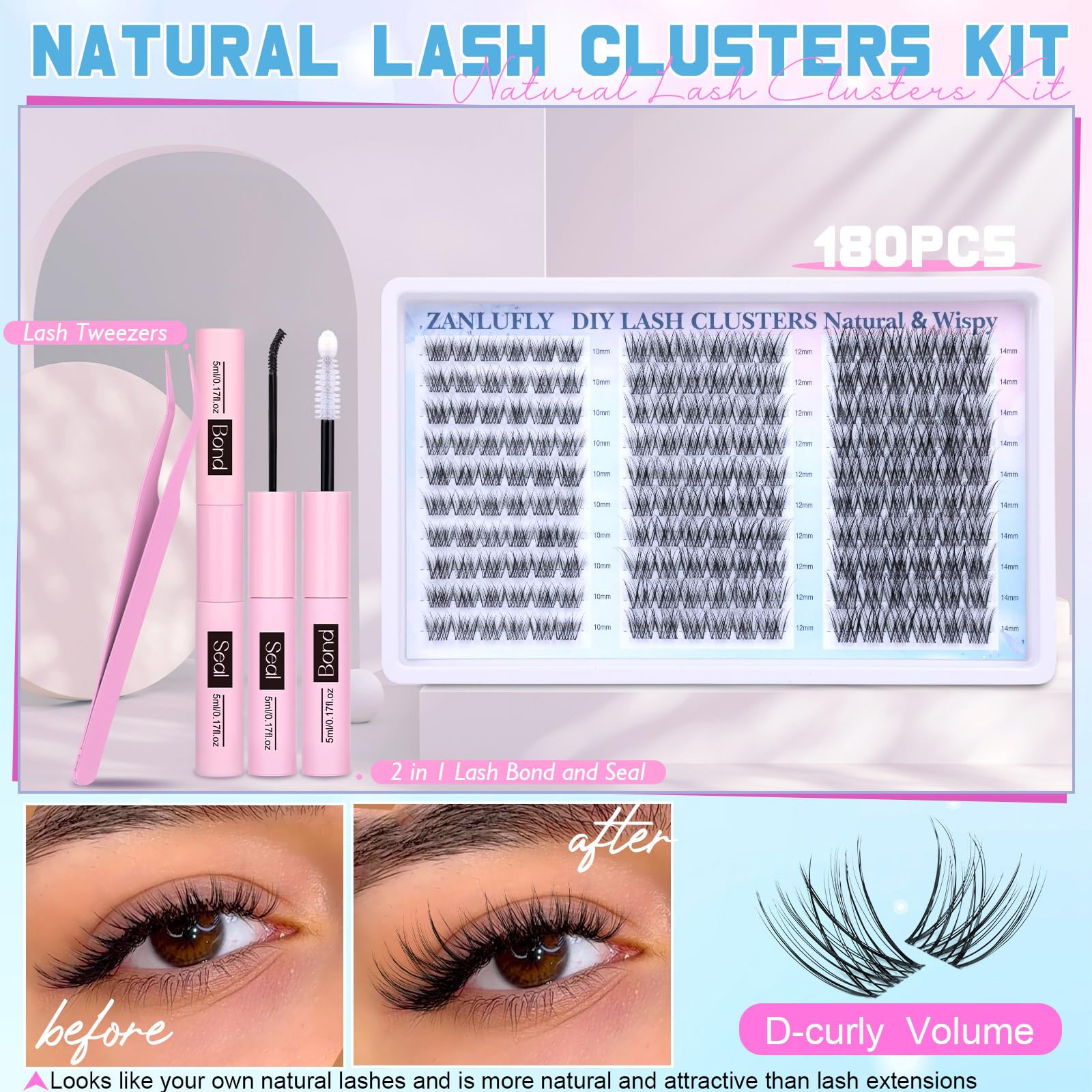 zanlufly Wispy Lash Clusters Kit – DIY Eyelash Extensions (10-14mm) with 2-in-1 Bond & Seal