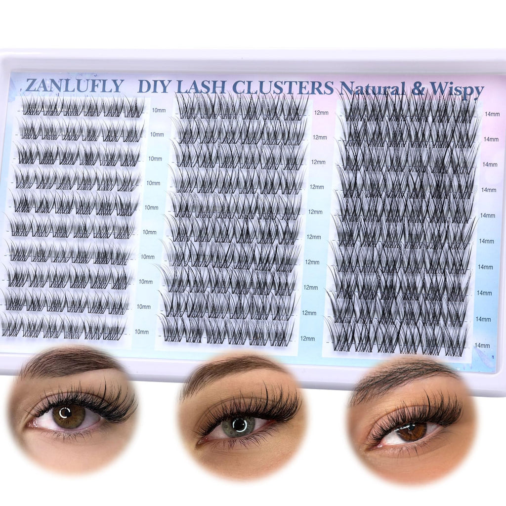 zanlufly Wispy Lash Clusters Kit – DIY Eyelash Extensions (10-14mm) with 2-in-1 Bond & Seal