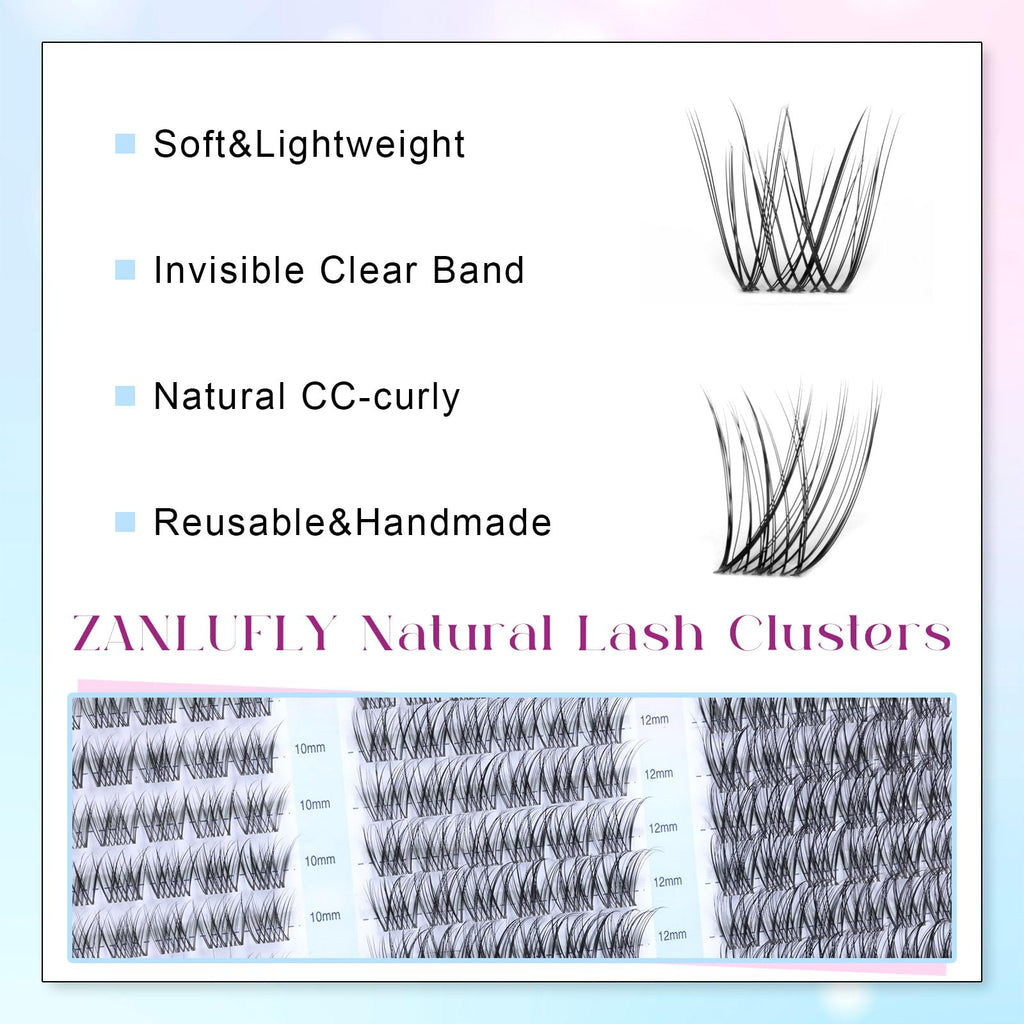 zanlufly Wispy Lash Clusters Kit – DIY Eyelash Extensions (10-14mm) with 2-in-1 Bond & Seal