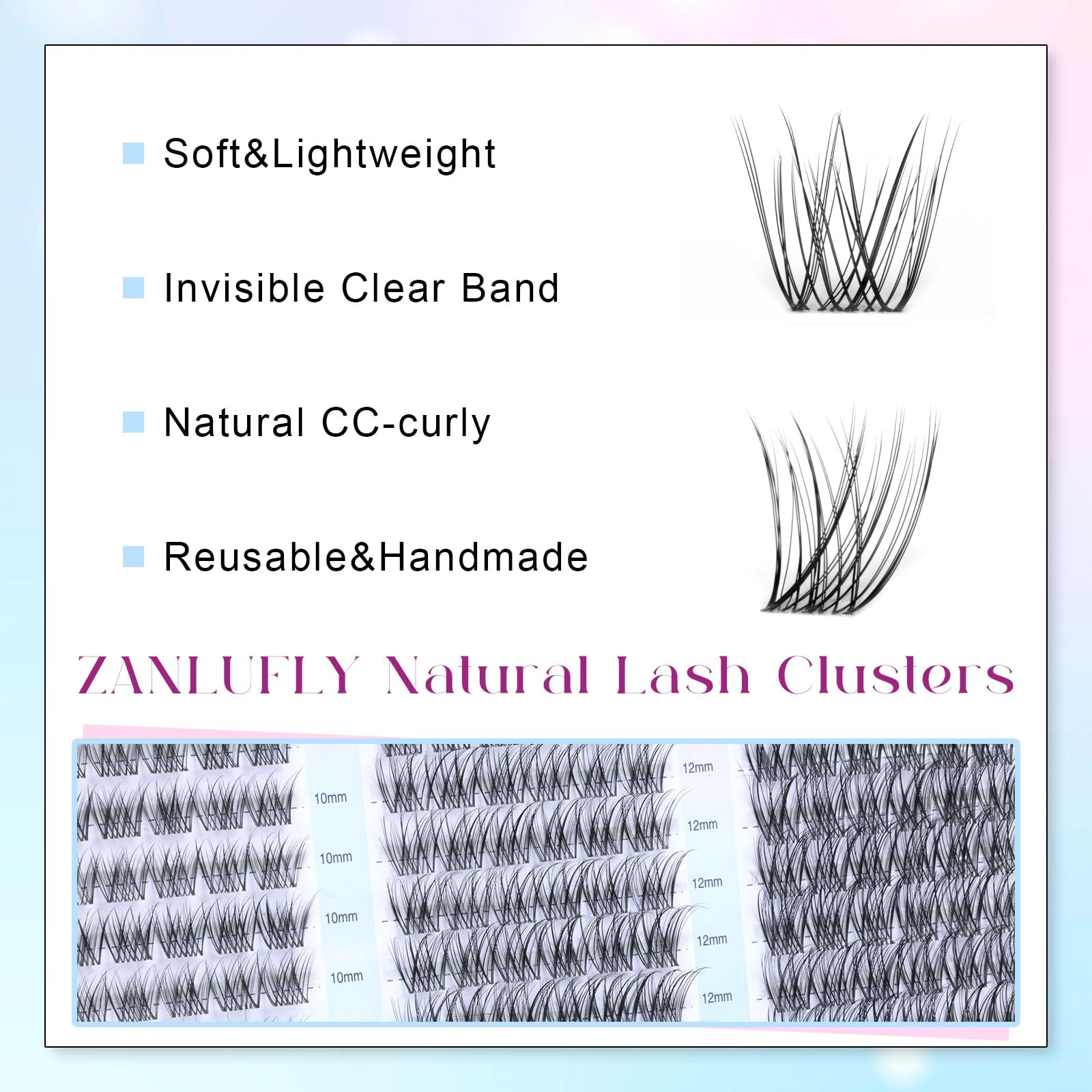 zanlufly Wispy Lash Clusters Kit – DIY Eyelash Extensions (10-14mm) with 2-in-1 Bond & Seal