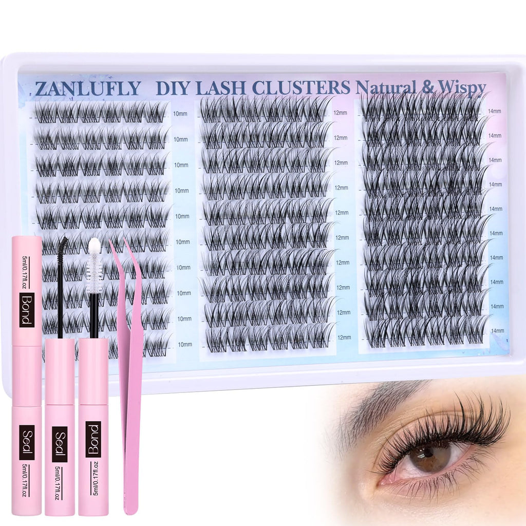 zanlufly Wispy Lash Clusters Kit – DIY Eyelash Extensions (10-14mm) with 2-in-1 Bond & Seal