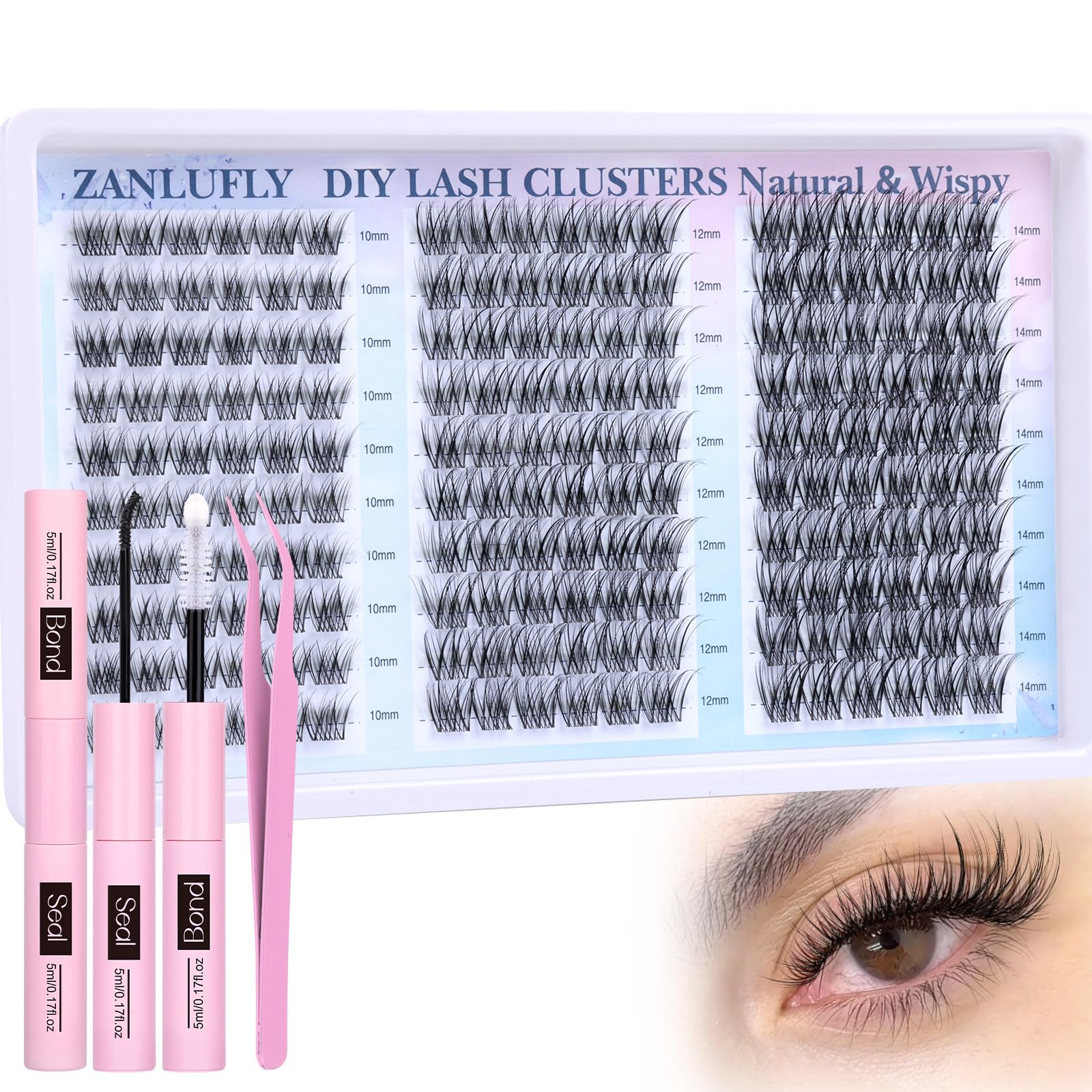 zanlufly Wispy Lash Clusters Kit – DIY Eyelash Extensions (10-14mm) with 2-in-1 Bond & Seal