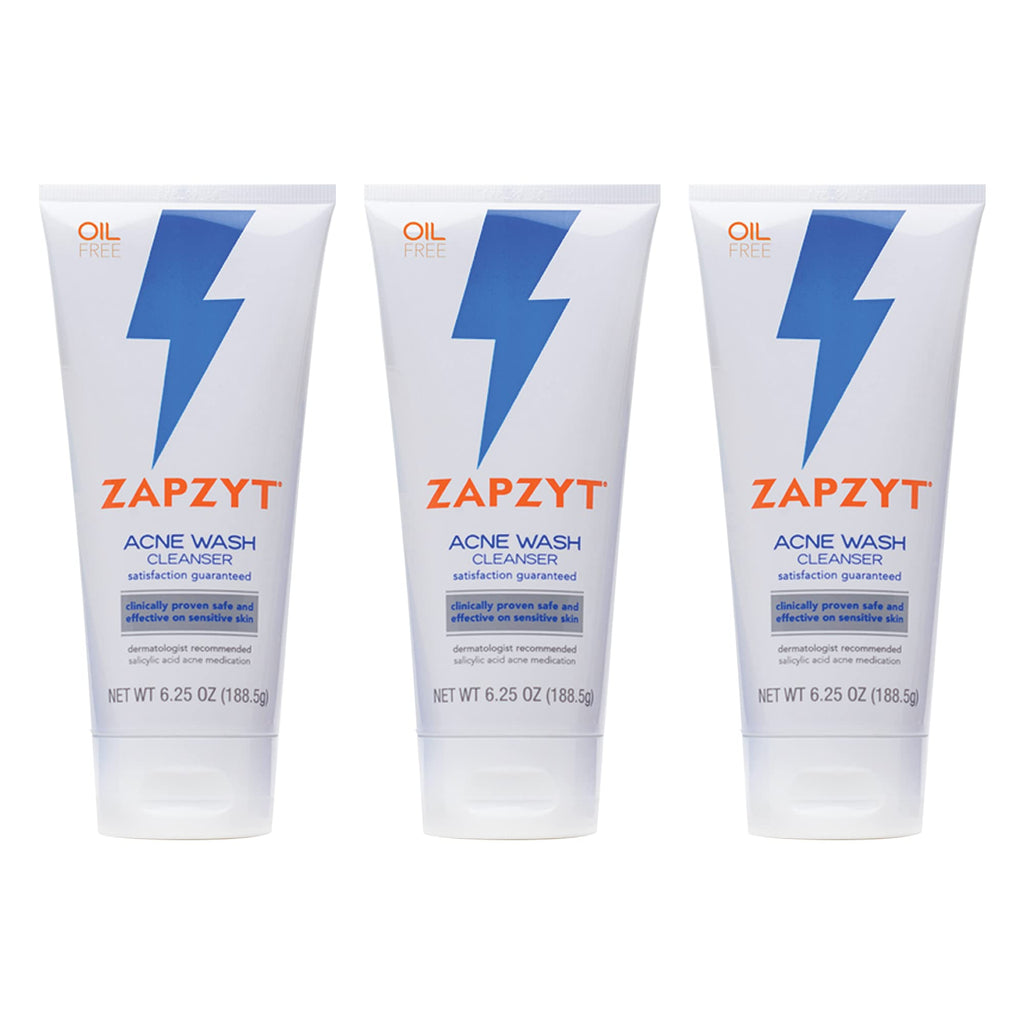 Zapzyt Acne Wash with 2% Salicylic Acid – Oil-Free, Fragrance-Free, 6.25 oz (Pack of 3)