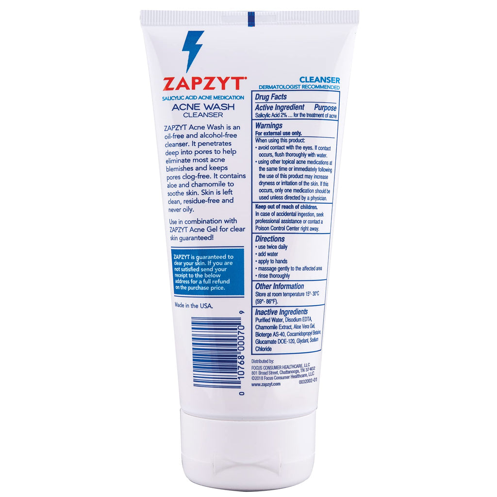 Zapzyt Acne Wash – 6.25 oz (Pack of 2) | Hypoallergenic Cleanser with 2% Salicylic Acid