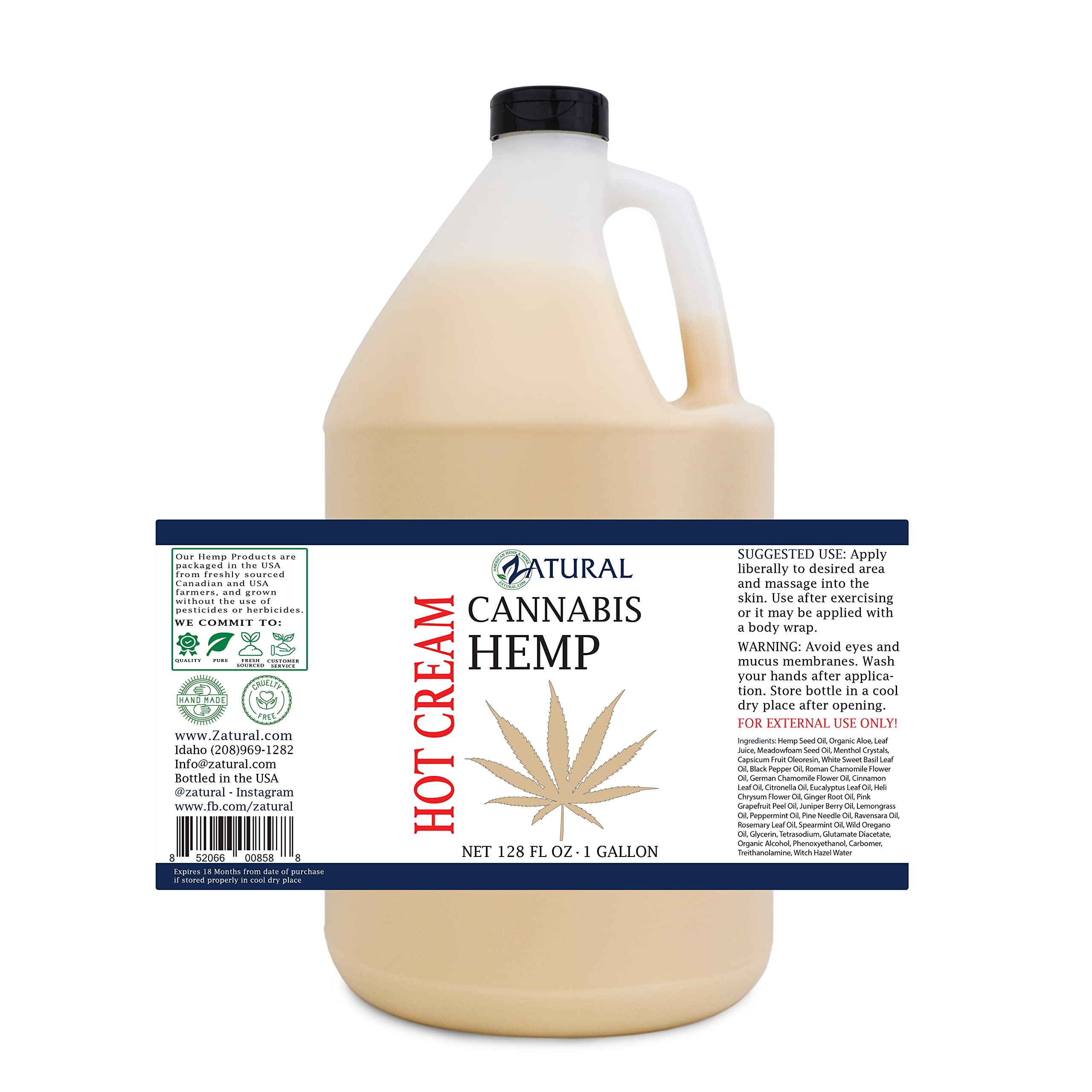 Zatural Hemp Hot Cream with Essential Oil Blend – Aloe & Hemp Massage Cream (Gallon)