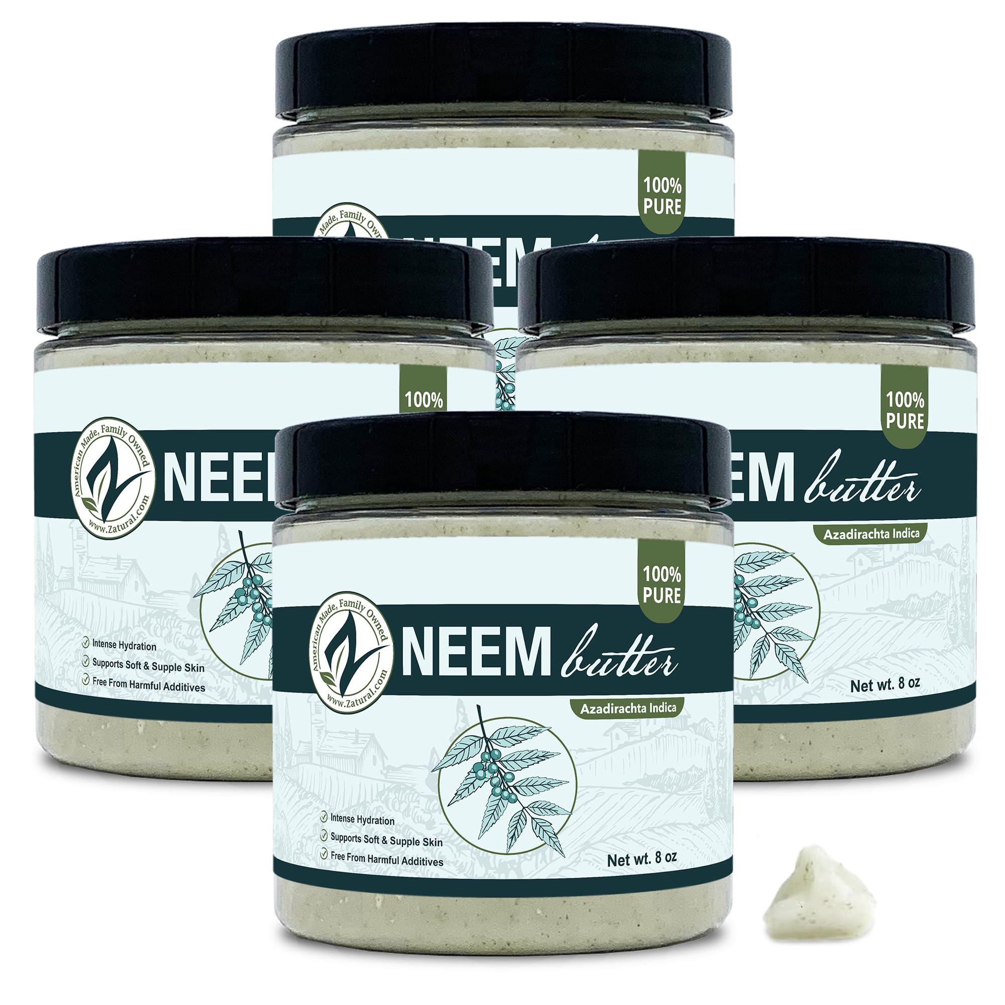 Zatural Neem Butter 4 Pack – Organic Coconut Oil & Neem Oil, Marula, Kokum, Rosemary for Sensitive Skin (8 oz each)