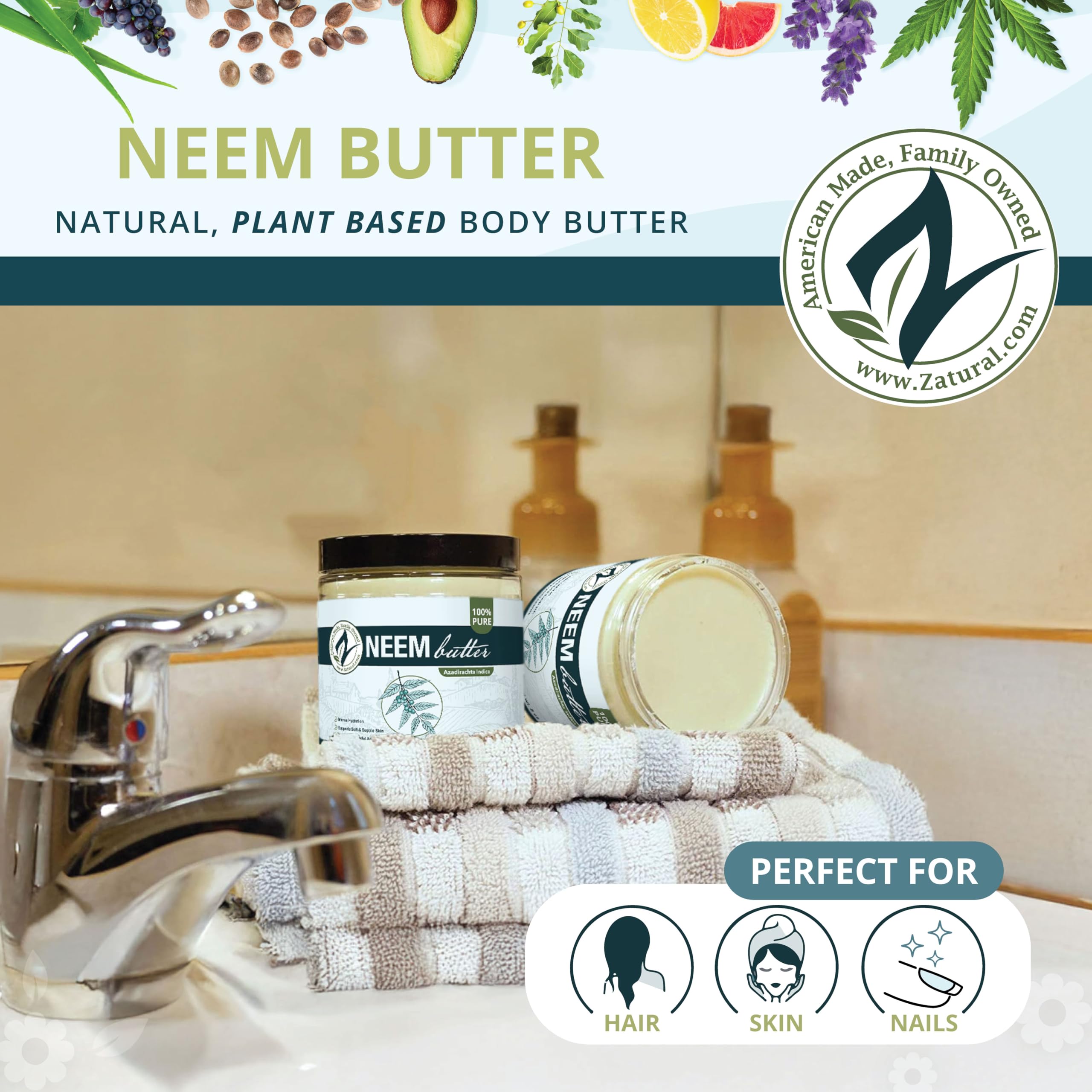 Zatural Neem Butter 4 Pack – Organic Coconut Oil & Neem Oil, Marula, Kokum, Rosemary for Sensitive Skin (8 oz each)