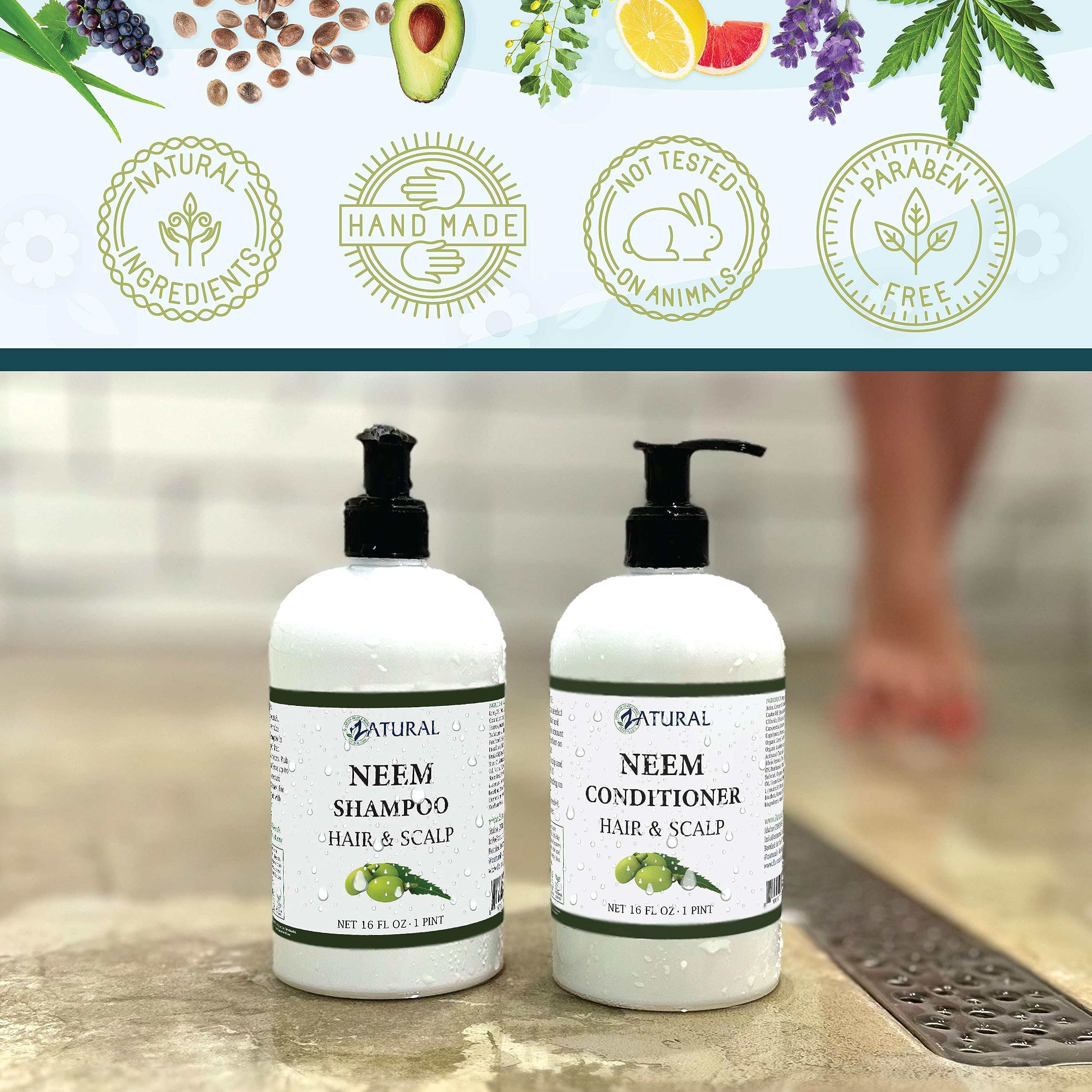 Zatural Neem Shampoo & Conditioner Kit for Sensitive Scalp – Nourish & Balance (16oz each)