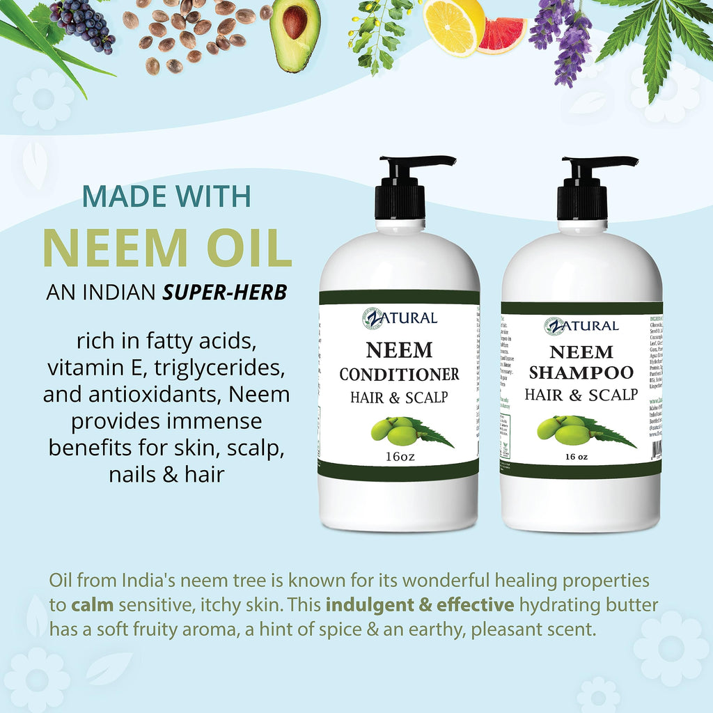 Zatural Neem Shampoo & Conditioner Kit for Sensitive Scalp – Nourish & Balance (16oz each)