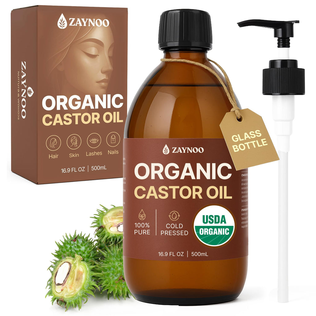 Zaynoo Organic Castor Oil 16.9 oz – Cold Pressed, Hexane Free, USDA Certified, Glass Bottle with BPA-Free Pump