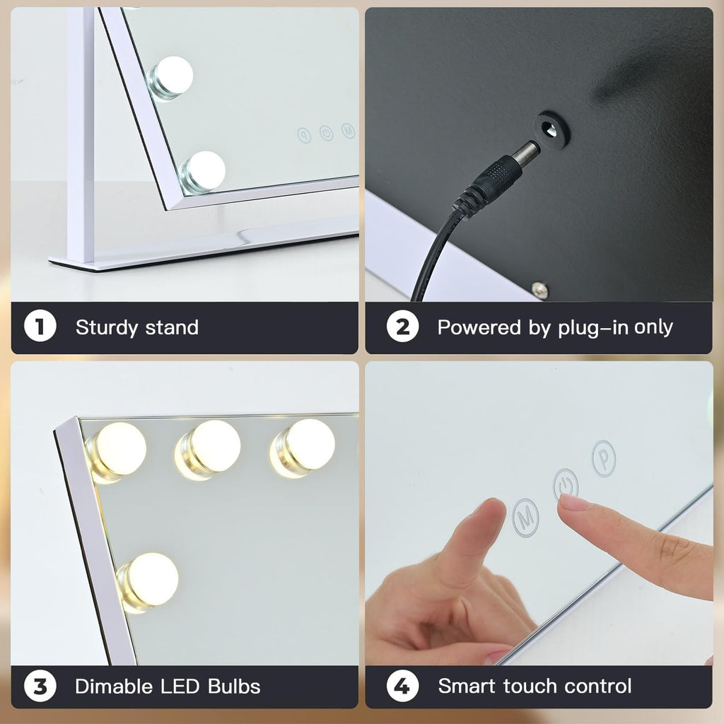 ZBOCAI Vanity Mirror with Lights — 17'' x 13'', 15 Dimmable Bulbs, 3 Color Modes, Smart Touch, 360° Rotation