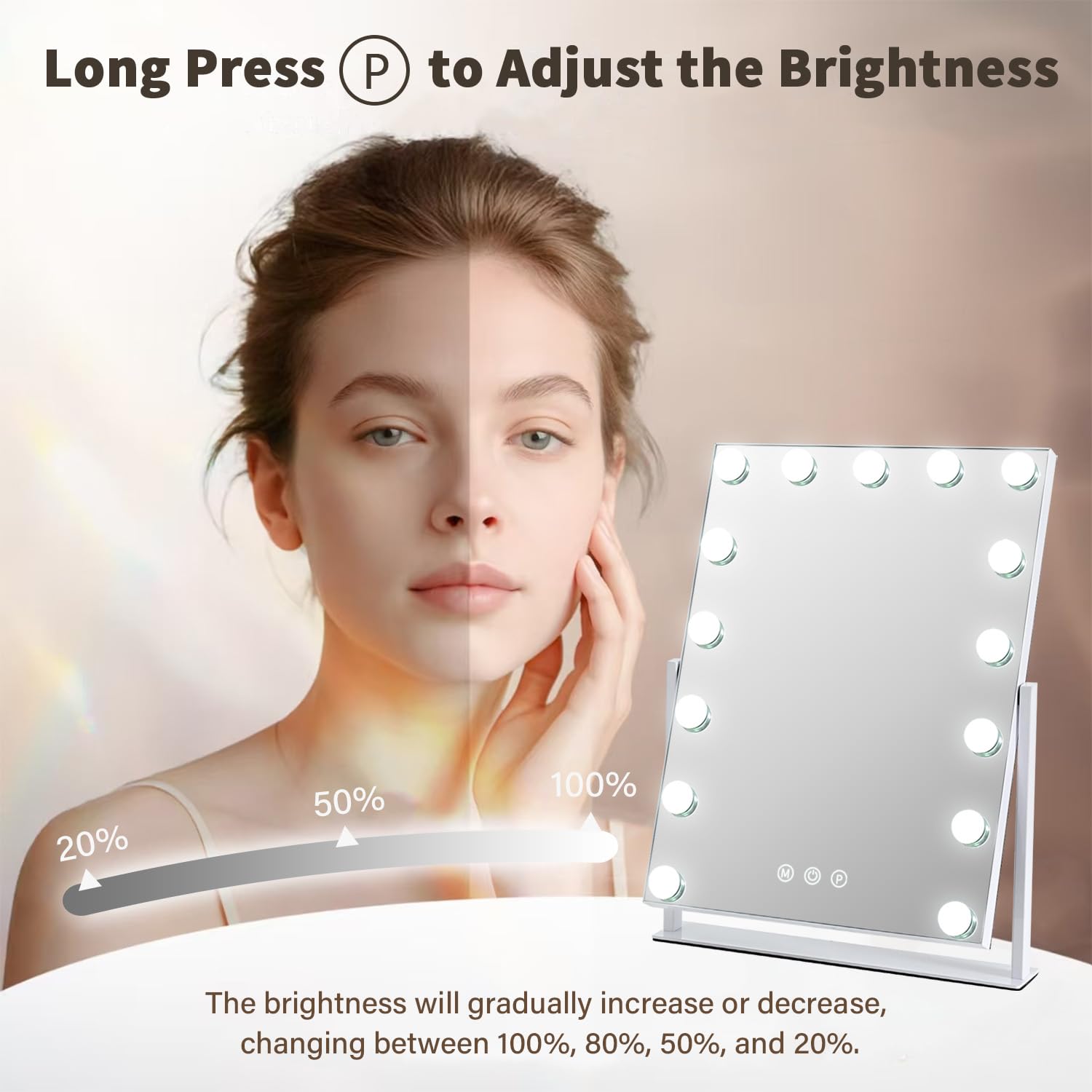 ZBOCAI Vanity Mirror with Lights — 17'' x 13'', 15 Dimmable Bulbs, 3 Color Modes, Smart Touch, 360° Rotation