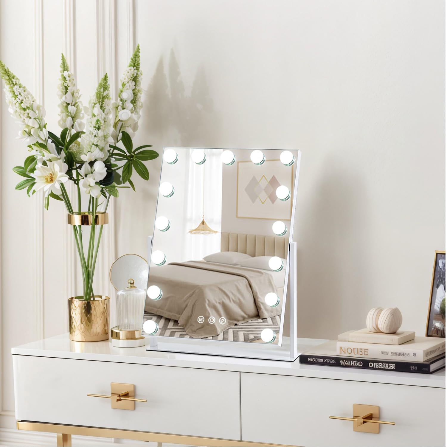 ZBOCAI Vanity Mirror with Lights — 17'' x 13'', 15 Dimmable Bulbs, 3 Color Modes, Smart Touch, 360° Rotation