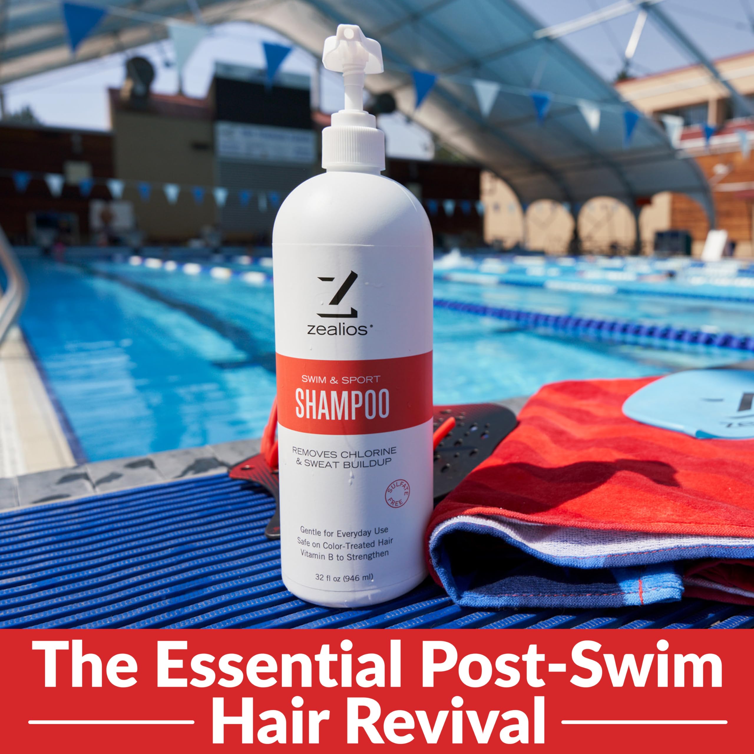Zealios Swim & Sport Clarifying Shampoo – 32 oz Pump, Chlorine & Salt Removal, Sulfate-Free, Color-Safe