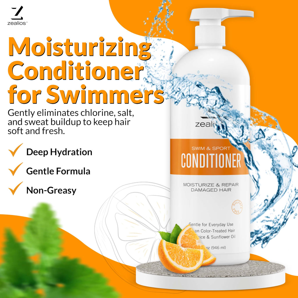 Zealios Swim & Sport Conditioner 32oz | Sulfate-Free Hydration for Swimmers & Athletes
