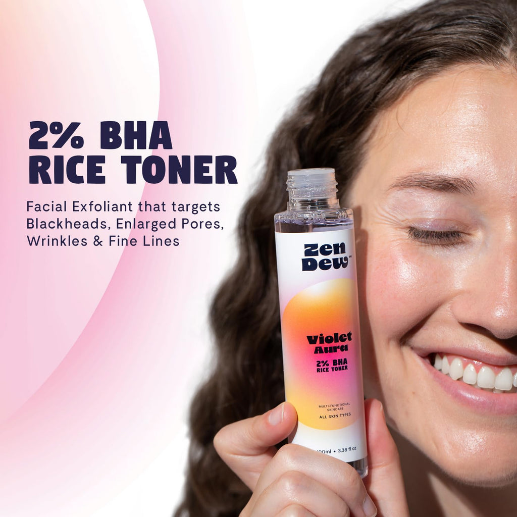 Zen Dew Violet Aura 2% BHA Toner — Gentle Exfoliation with Niacinamide & Rice Extract for Sensitive Skin